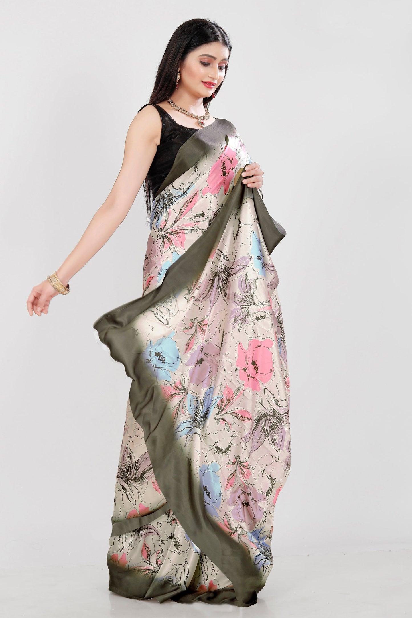 Jyoti Fashion Women's Multicolor Pure Japan Satin Digital Printed Designer Saree with Blouse | Swadesiicart
