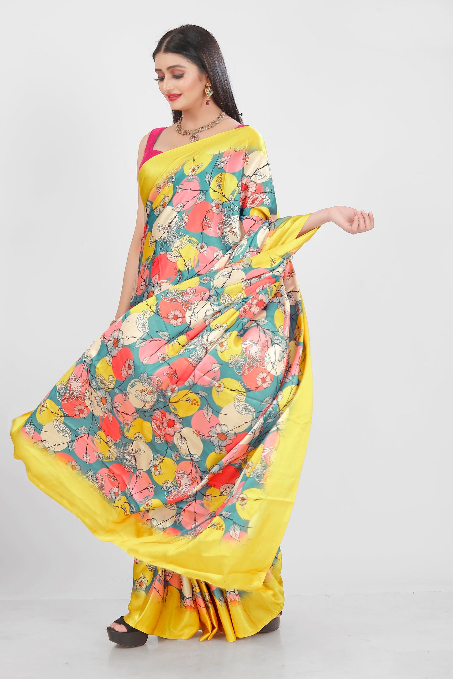 Jyoti Fashion Women's Multicolor Pure Japan Satin Digital Printed Designer Saree with Blouse | Swadesiicart