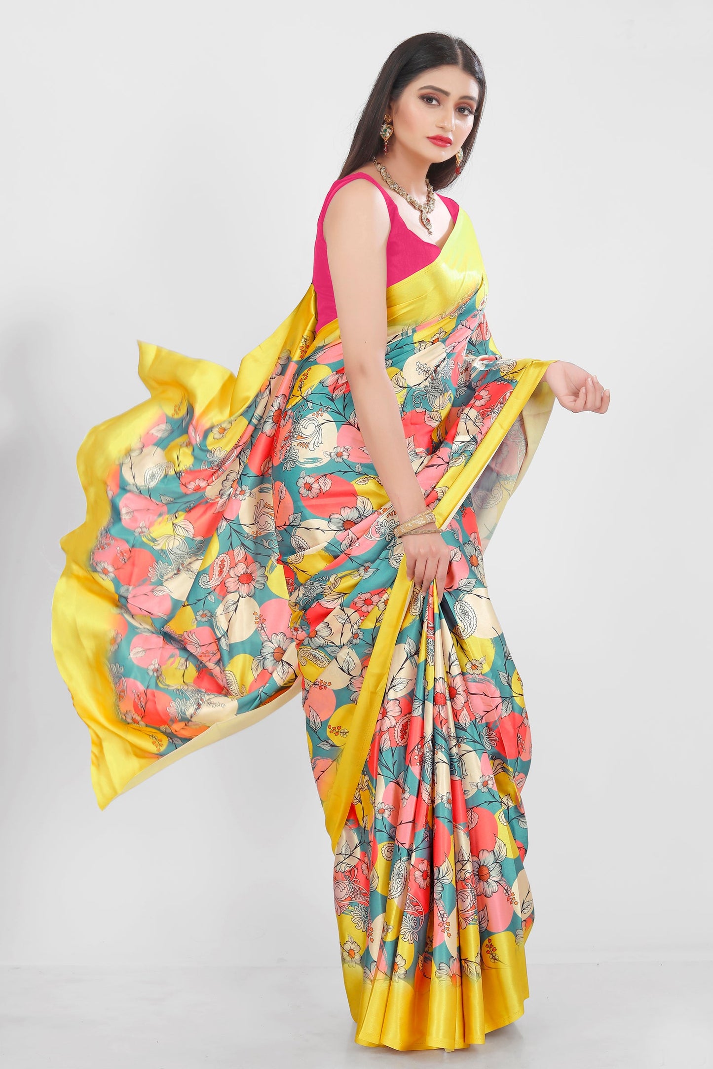 Jyoti Fashion Women's Multicolor Pure Japan Satin Digital Printed Designer Saree with Blouse | Swadesiicart