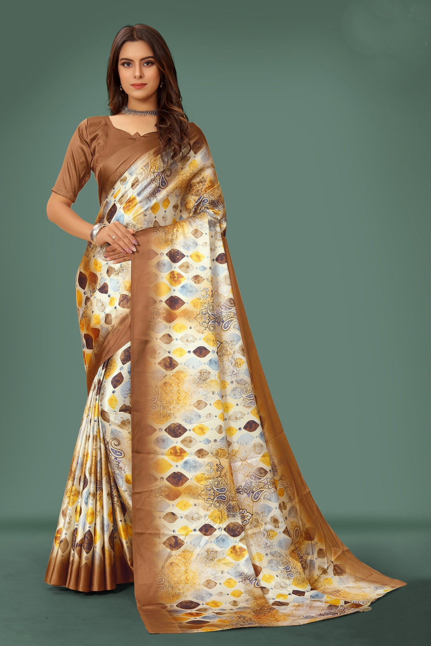 Jyoti Fashion Women's Multicolor Pure Japan Satin Digital Printed Designer Saree with Blouse | Swadesiicart