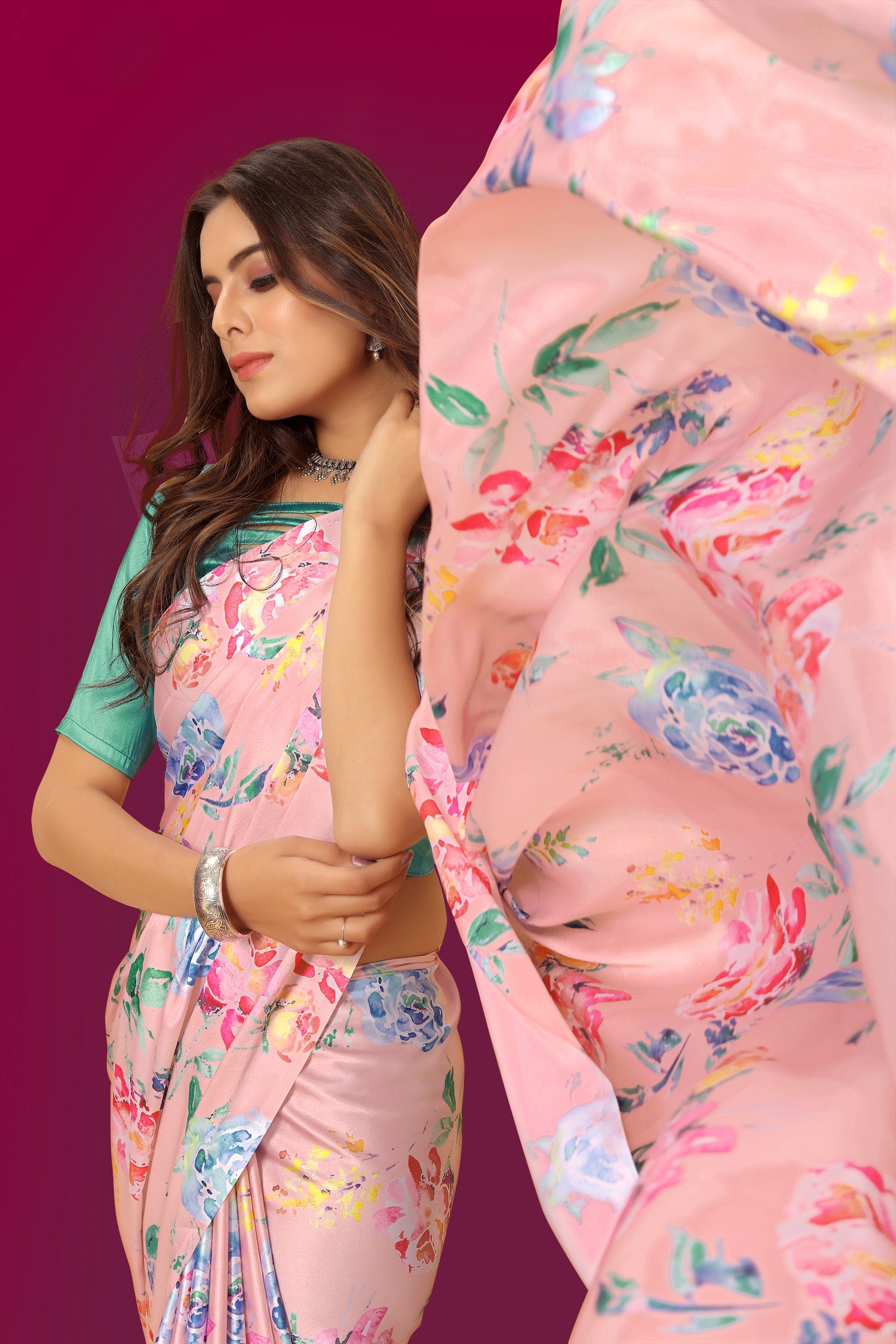 Jyoti Fashion Women's Multicolor Pure Japan Satin Digital Printed Designer Saree with Blouse | Swadesiicart