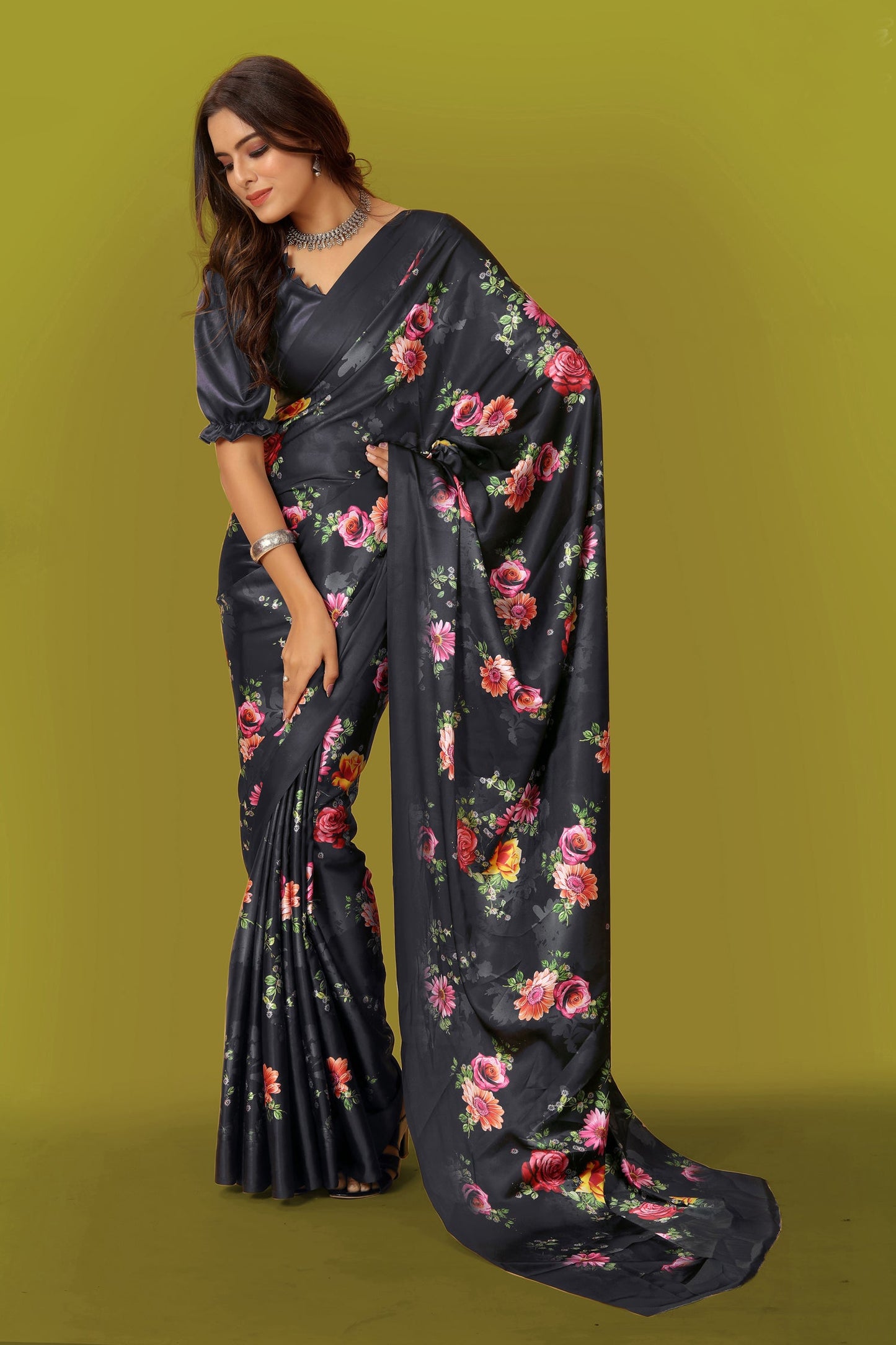 Jyoti Fashion Women's Multicolor Pure Japan Satin Digital Printed Designer Saree with Blouse | Swadesiicart