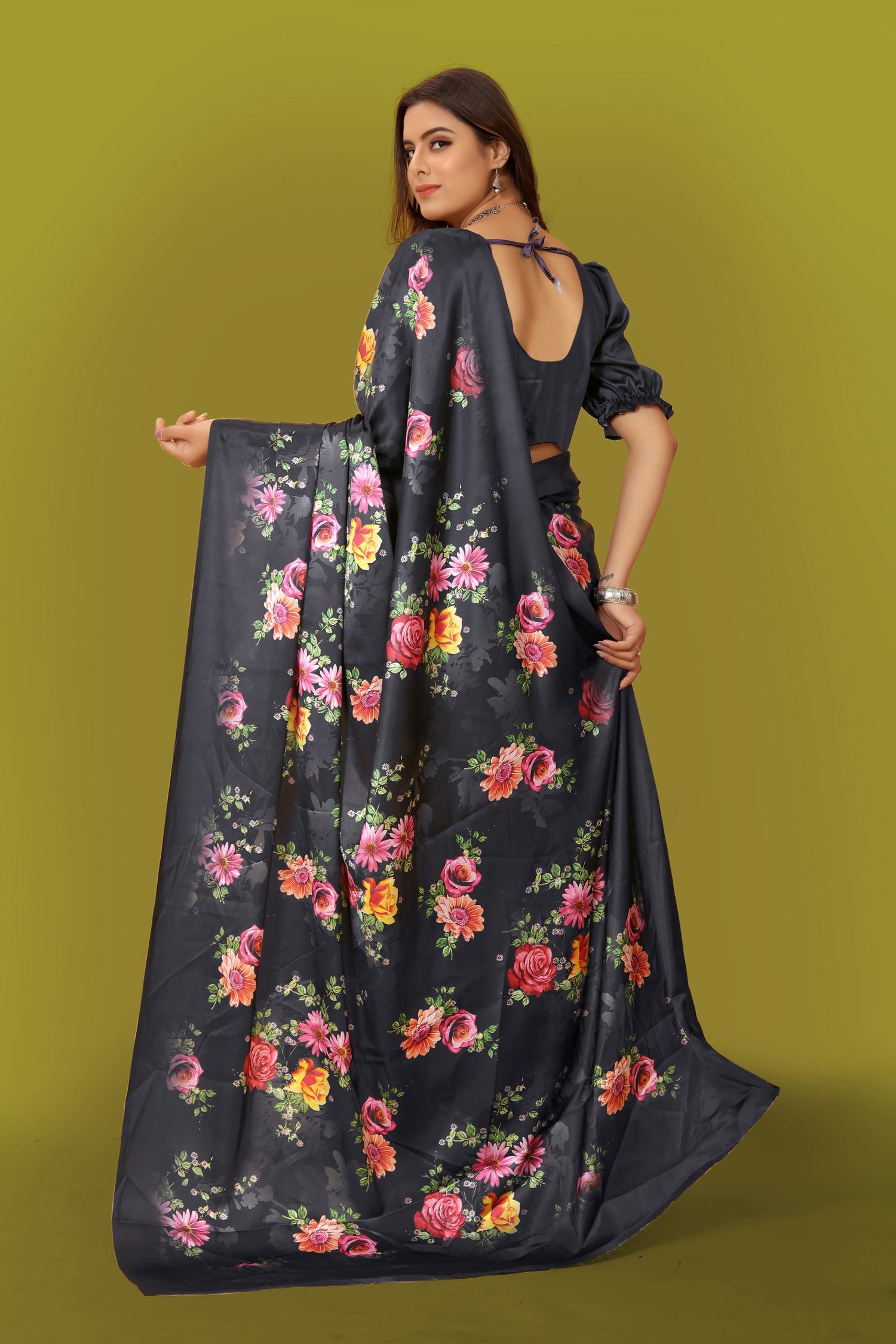 Jyoti Fashion Women's Multicolor Pure Japan Satin Digital Printed Designer Saree with Blouse | Swadesiicart