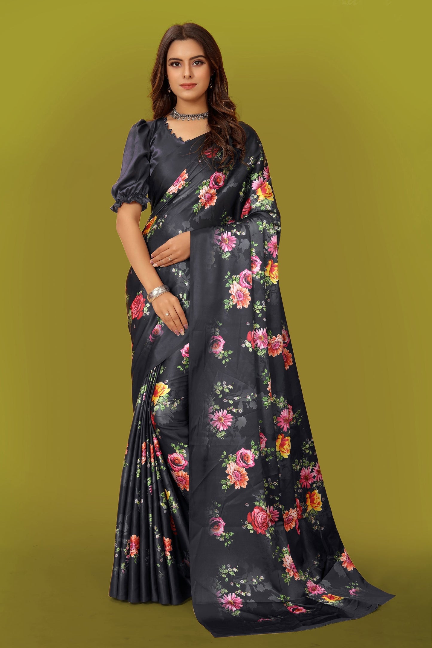 Jyoti Fashion Women's Multicolor Pure Japan Satin Digital Printed Designer Saree with Blouse | Swadesiicart