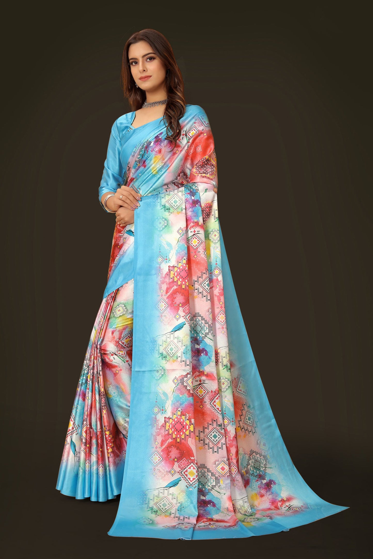 Jyoti Fashion Women's Multicolor Pure Japan Satin Digital Printed Designer Saree with Blouse | Swadesiicart