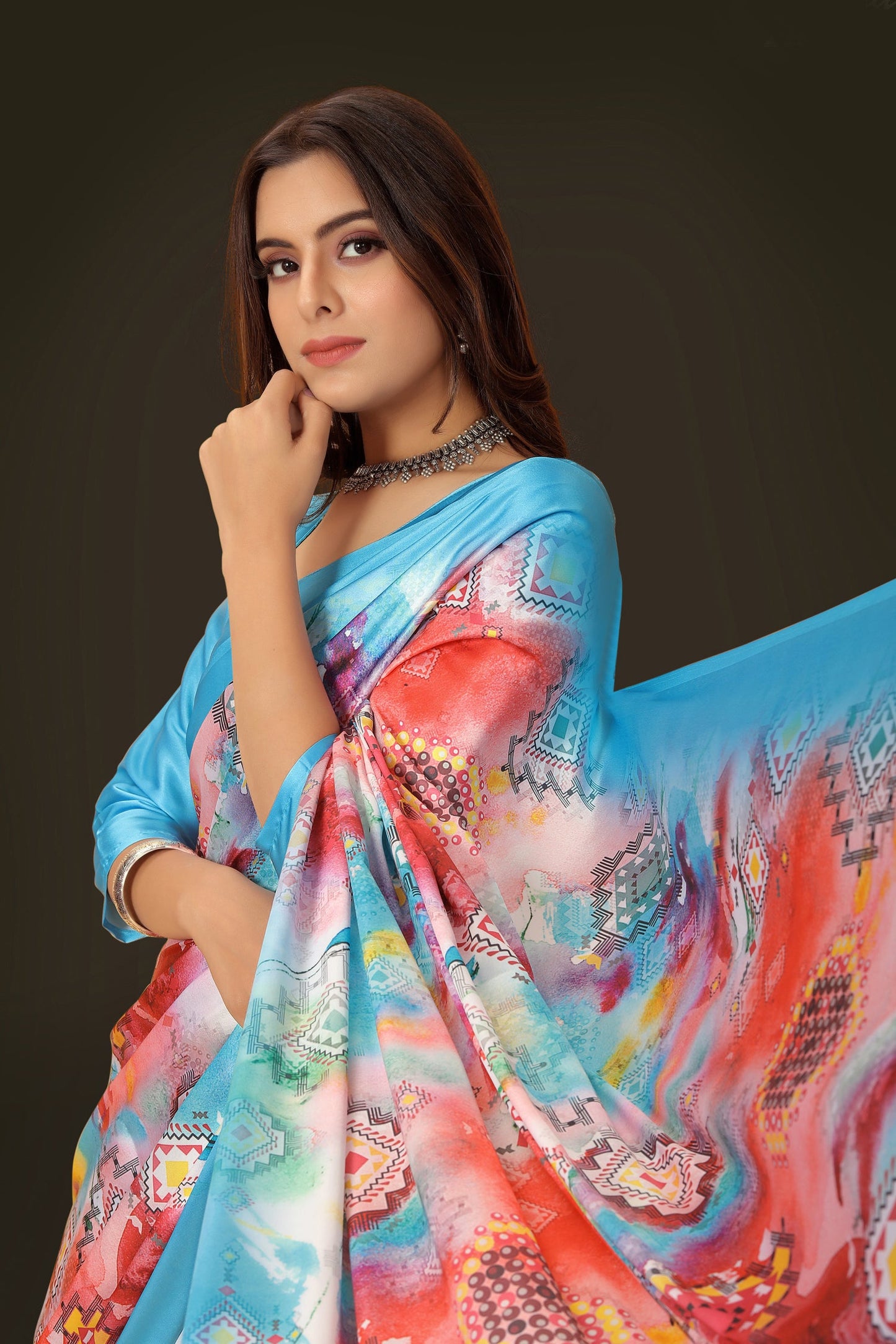 Jyoti Fashion Women's Multicolor Pure Japan Satin Digital Printed Designer Saree with Blouse | Swadesiicart
