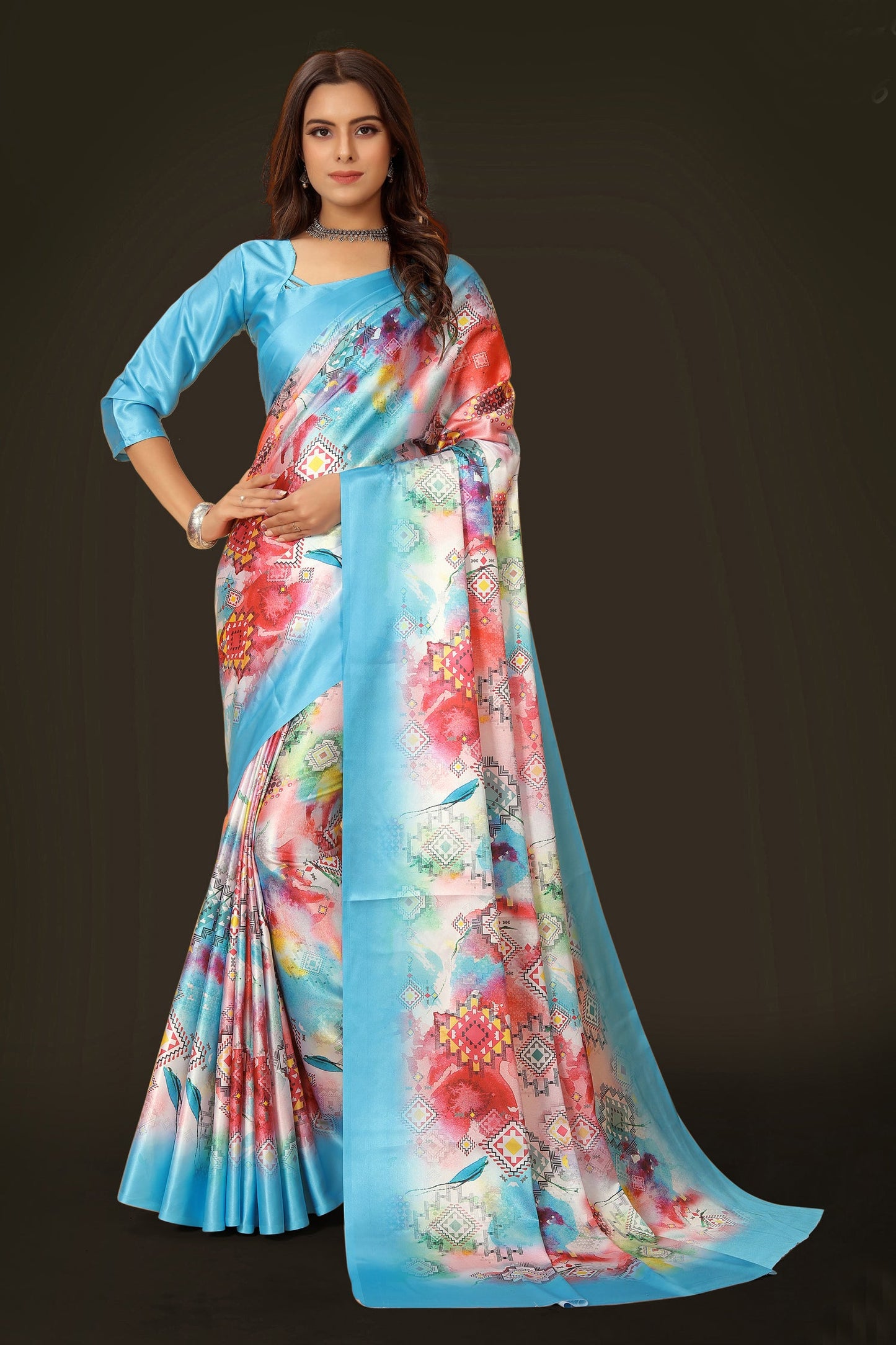 Jyoti Fashion Women's Multicolor Pure Japan Satin Digital Printed Designer Saree with Blouse | Swadesiicart
