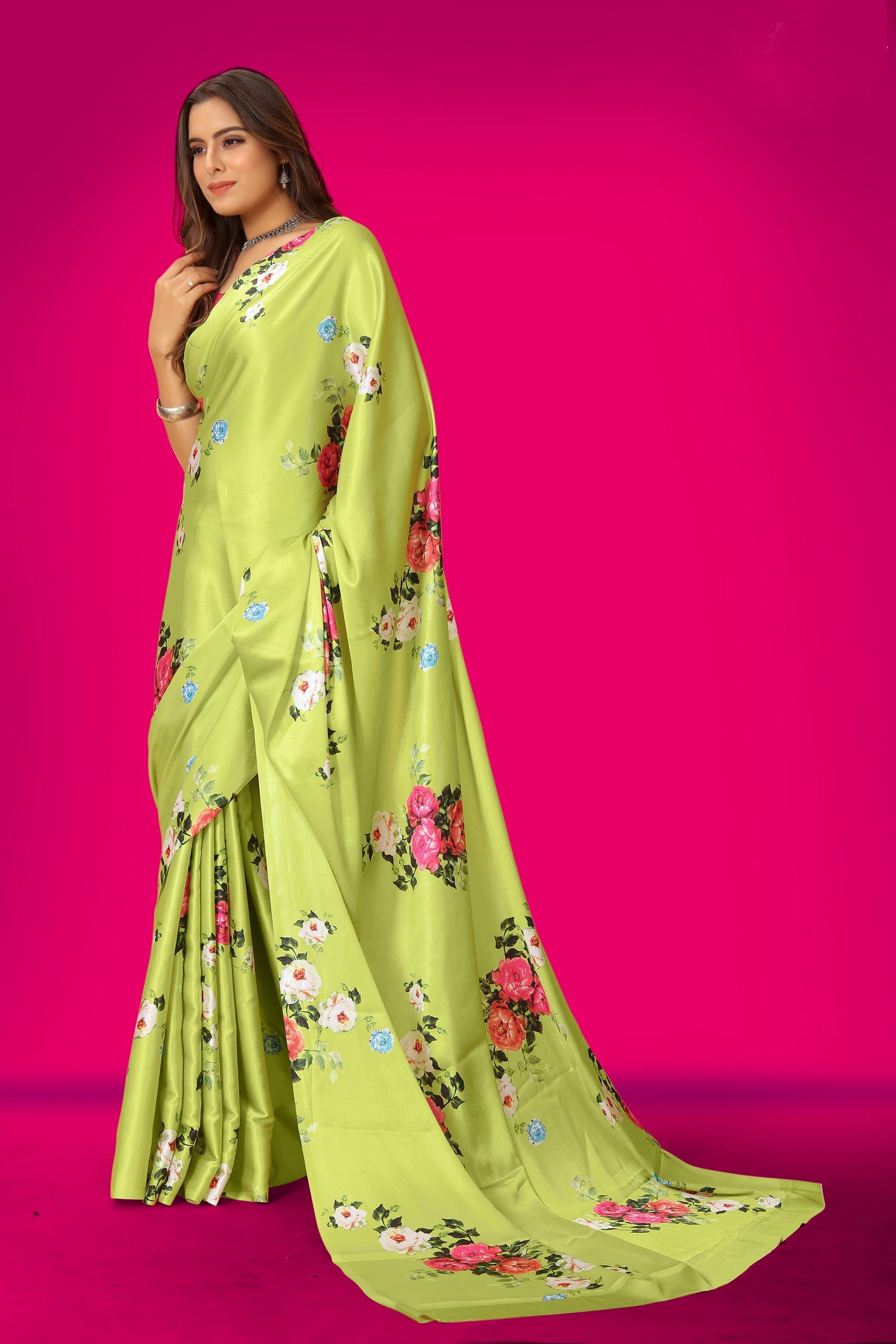 Jyoti Fashion Women's Multicolor Pure Japan Satin Digital Printed Designer Saree with Blouse | Swadesiicart