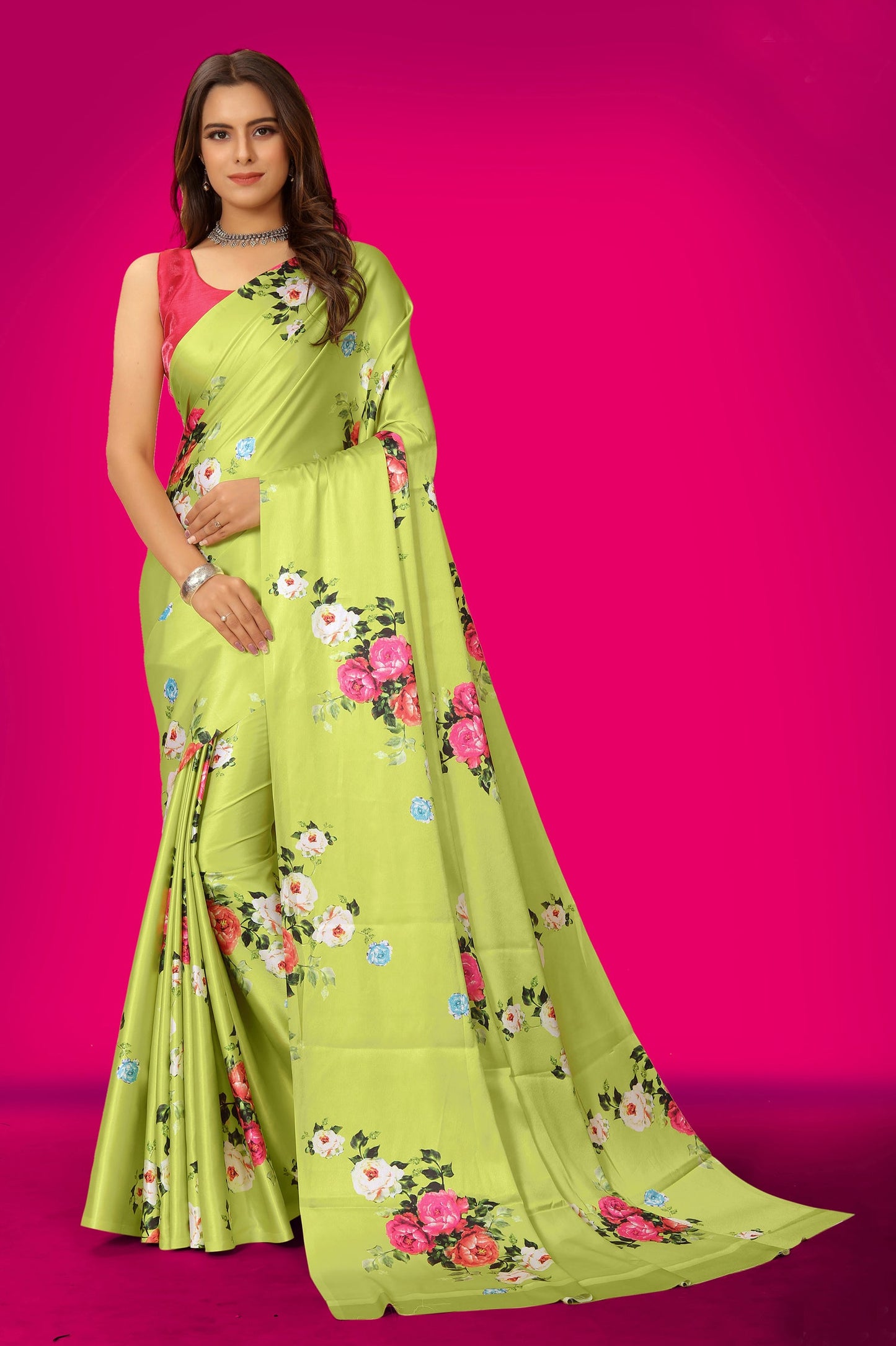 Jyoti Fashion Women's Multicolor Pure Japan Satin Digital Printed Designer Saree with Blouse | Swadesiicart