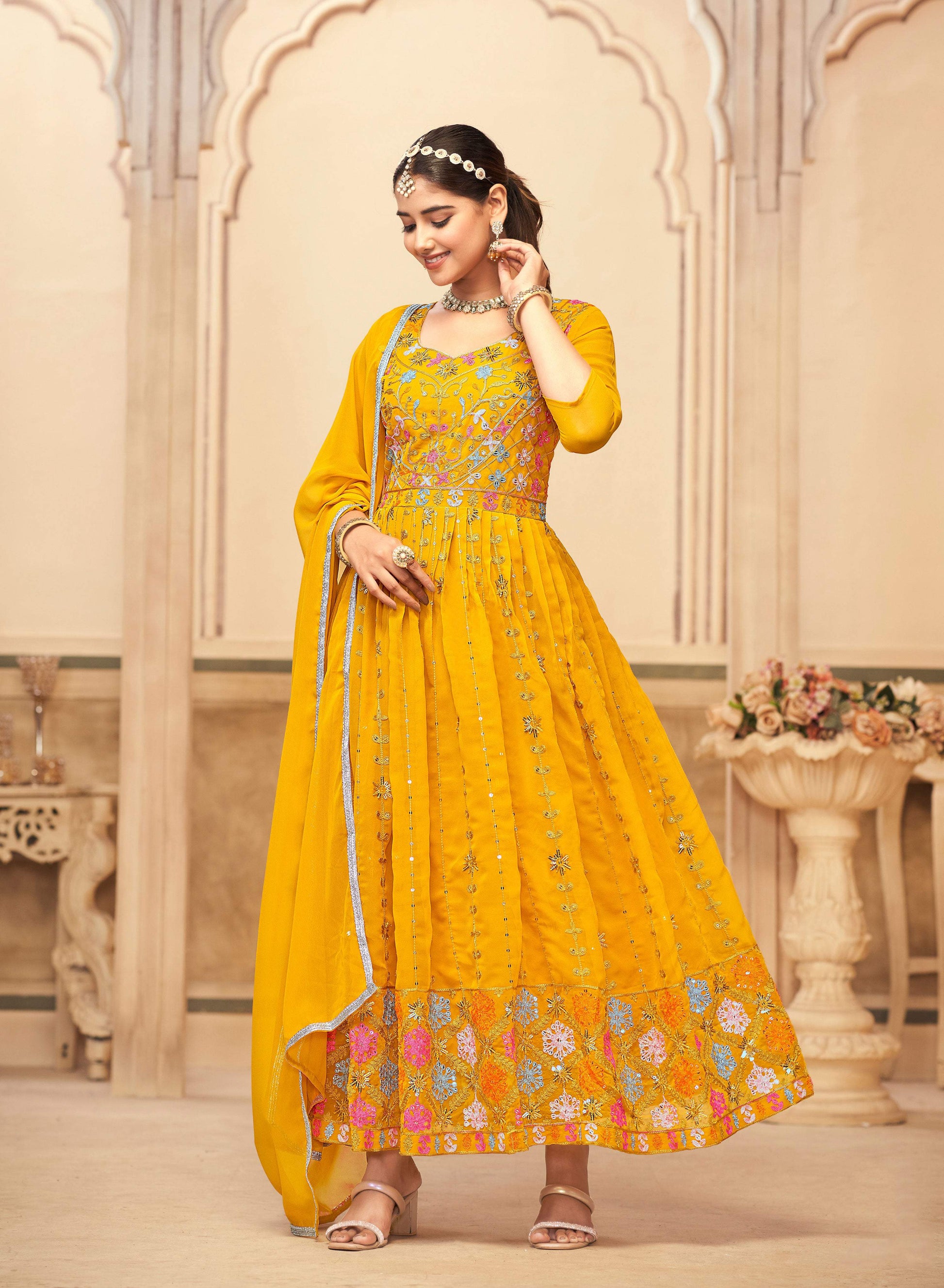 Jyoti Fashion Women's Mustard Faux Georgette Heavy Embroidered Kurta Set | Swadesiicart