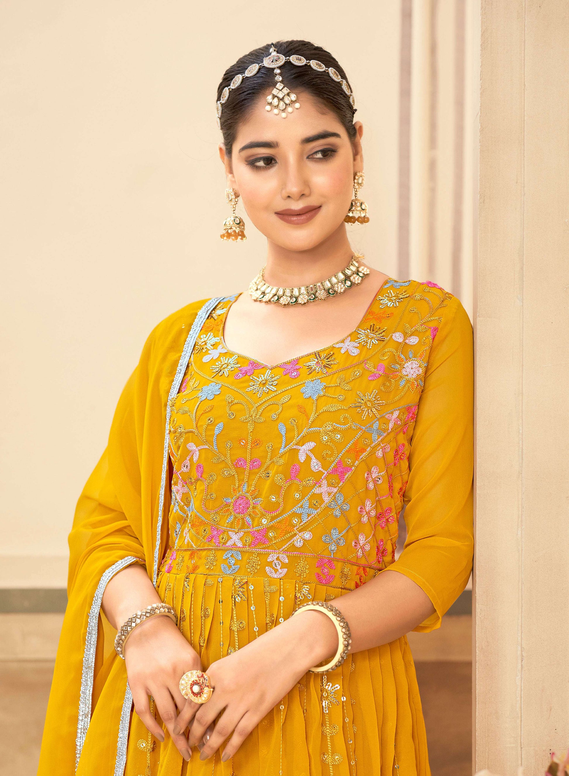 Jyoti Fashion Women's Mustard Faux Georgette Heavy Embroidered Kurta Set | Swadesiicart