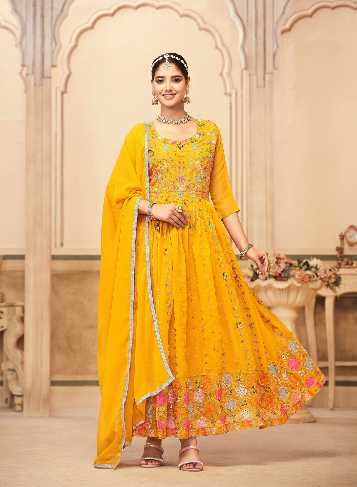 Jyoti Fashion Women's Mustard Faux Georgette Heavy Embroidered Kurta Set | Swadesiicart