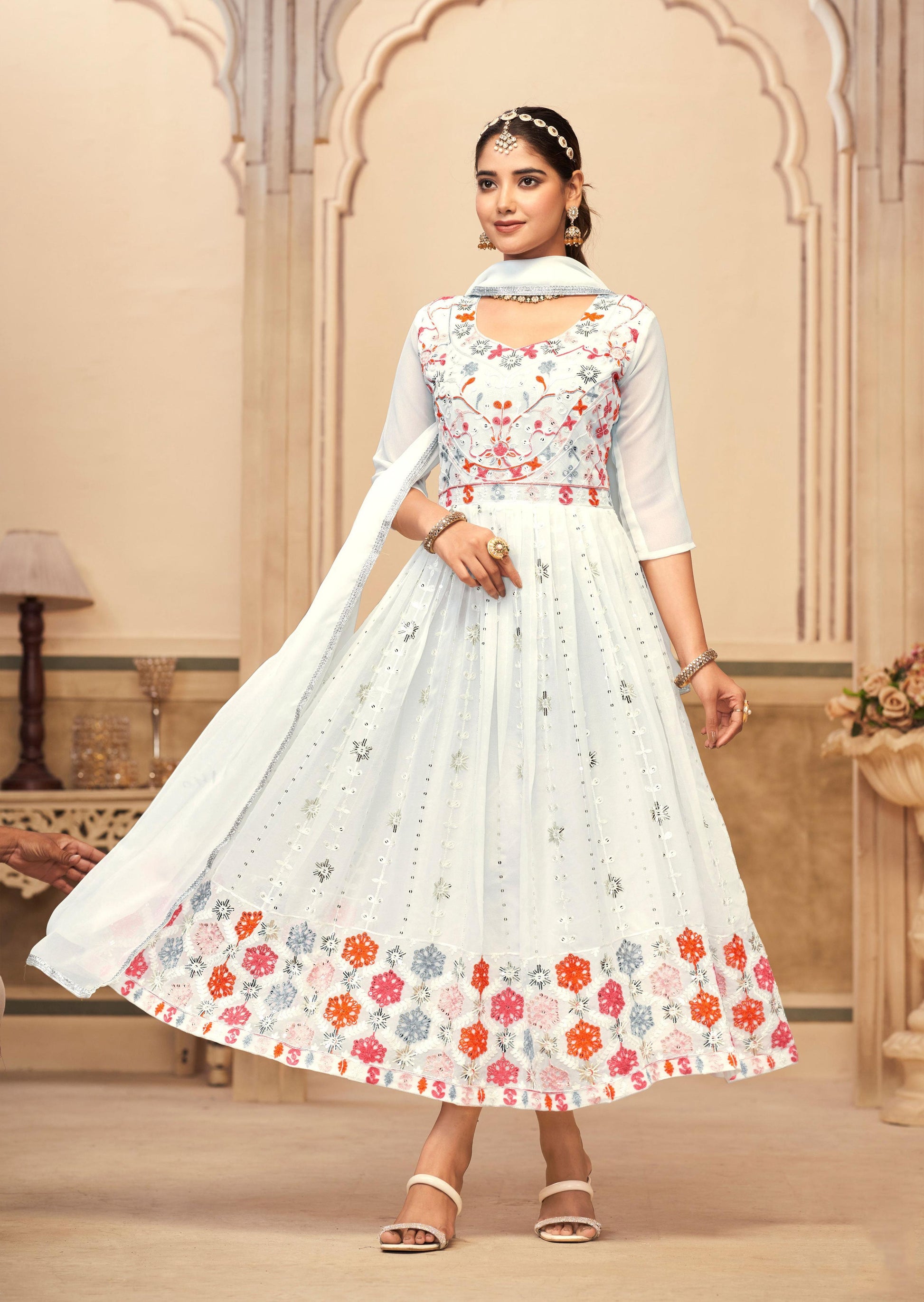 Jyoti Fashion Women's White Faux Georgette Heavy Embroidered Kurta Set | Swadesiicart