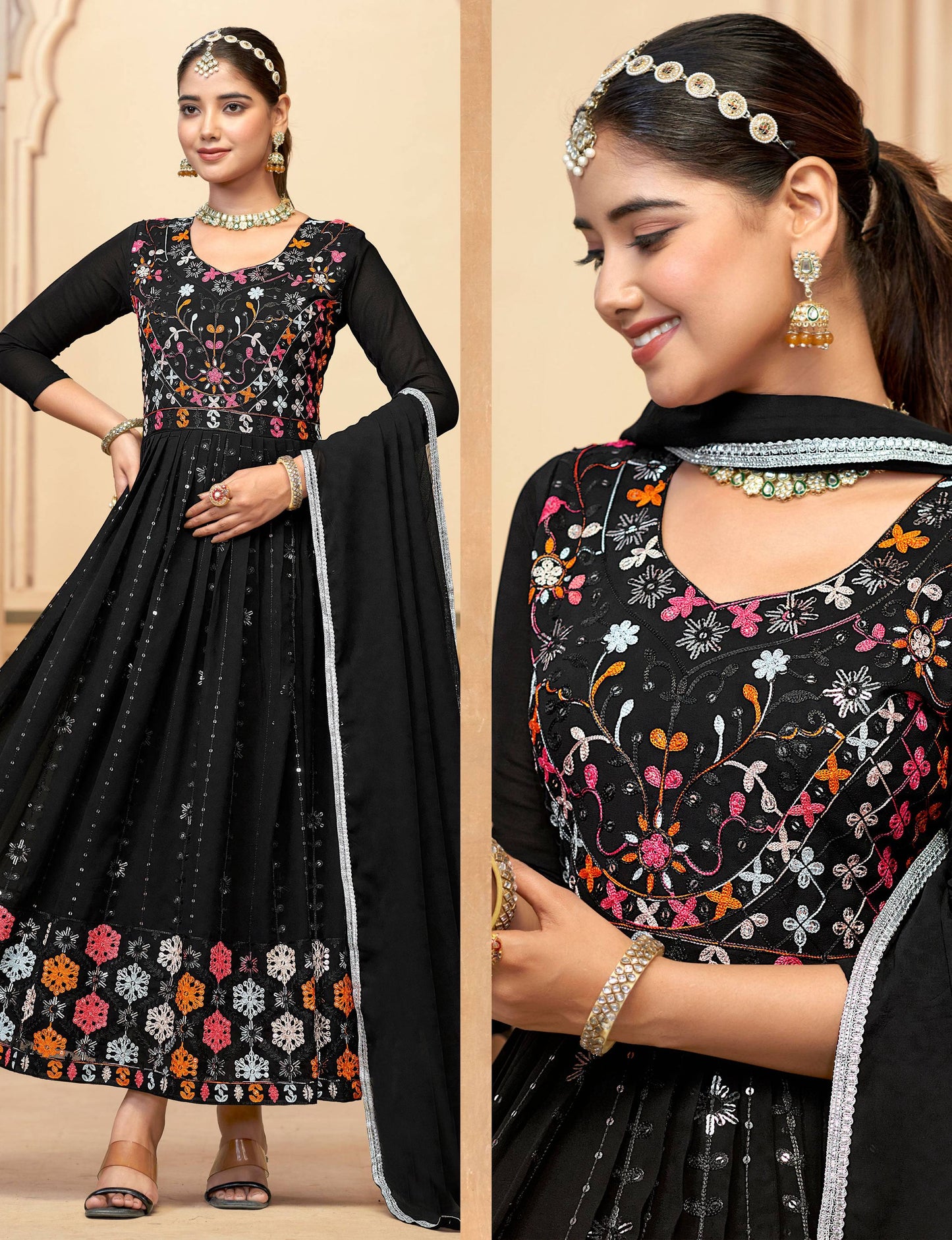Jyoti Fashion Women's Black Faux Georgette Heavy Embroidered Kurta Set | Swadesiicart