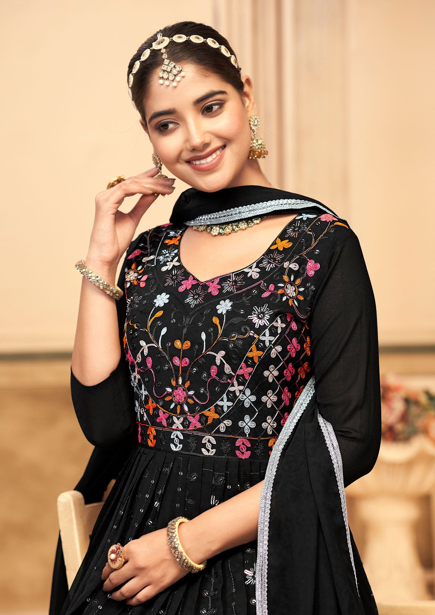 Jyoti Fashion Women's Black Faux Georgette Heavy Embroidered Kurta Set | Swadesiicart