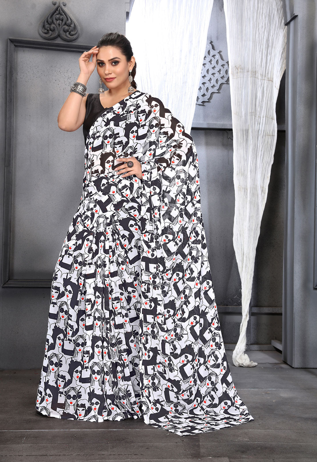 Jyoti Fashion Women's Black Faux Georgette Digital Printed Designer Saree with Blouse | Swadesiicart
