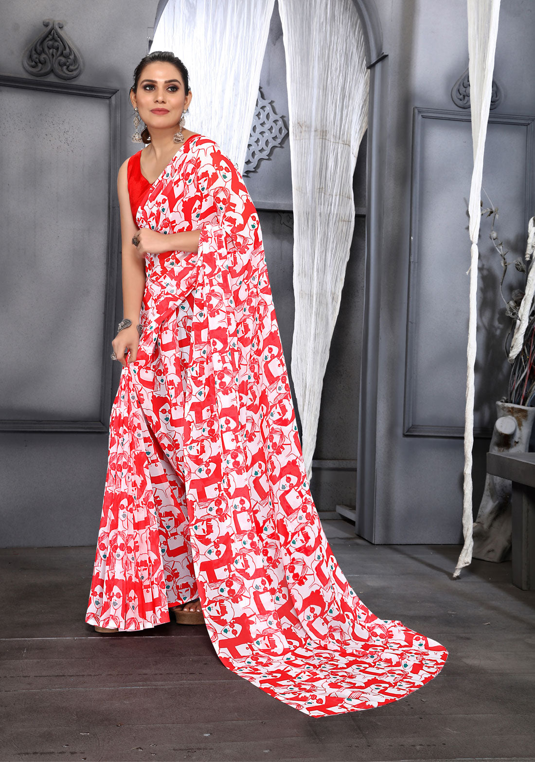 Jyoti Fashion Women's Red Faux Georgette Digital Printed Designer Saree with Blouse | Swadesiicart