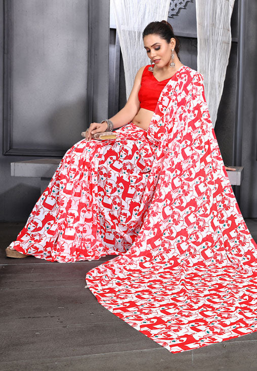 Jyoti Fashion Women's Red Faux Georgette Digital Printed Designer Saree with Blouse | Swadesiicart
