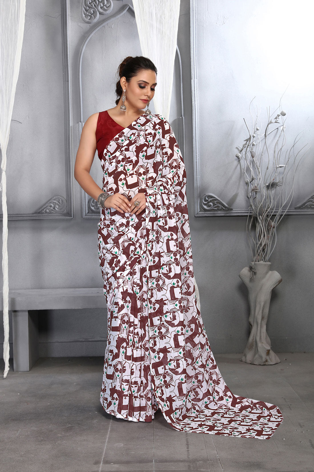 Jyoti Fashion Women's Maroon Faux Georgette Digital Printed Designer Saree with Blouse | Swadesiicart