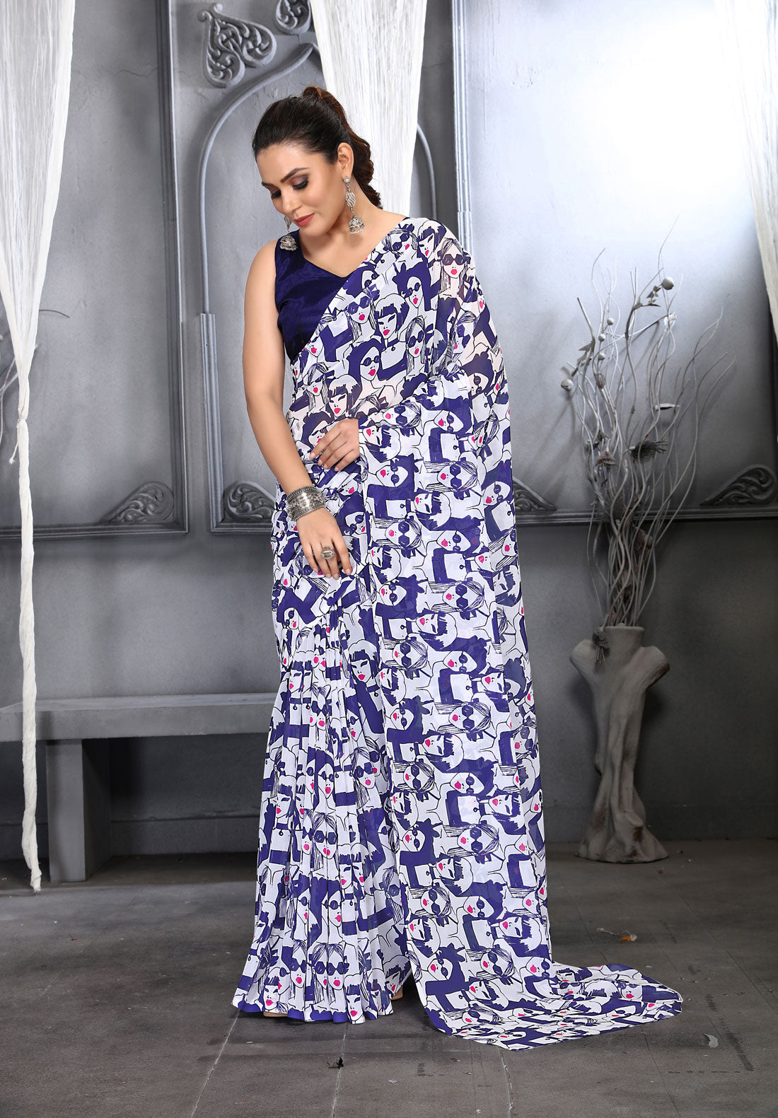 Jyoti Fashion Women's Navy Blue Faux Georgette Digital Printed Designer Saree with Blouse | Swadesiicart