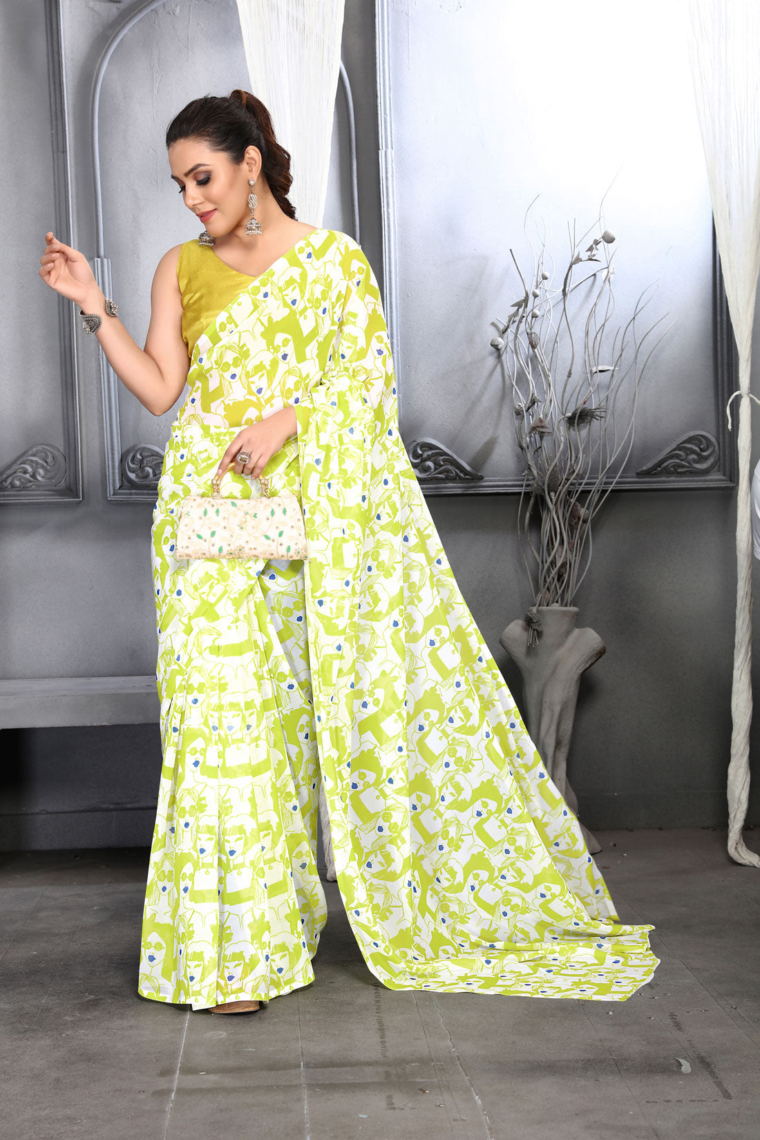 Jyoti Fashion Women's Lemon Yellow Faux Georgette Digital Printed Designer Saree with Blouse | Swadesiicart