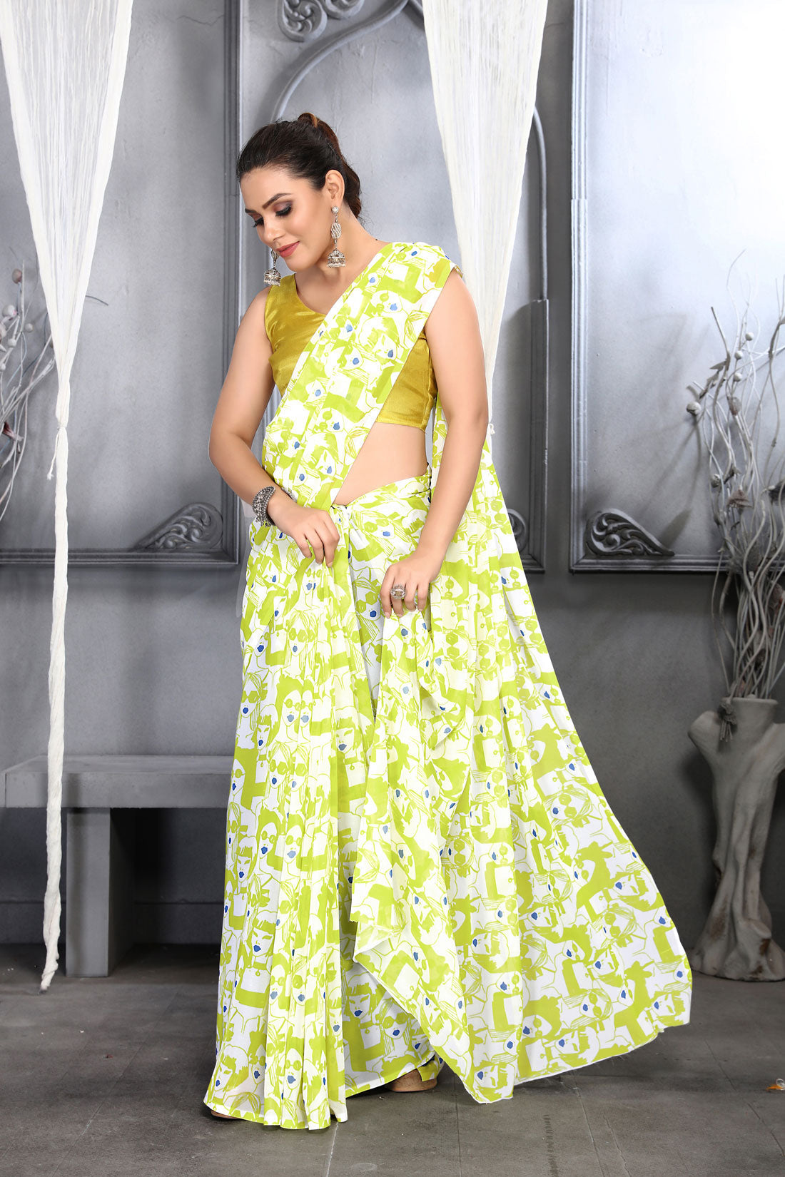 Jyoti Fashion Women's Lemon Yellow Faux Georgette Digital Printed Designer Saree with Blouse | Swadesiicart
