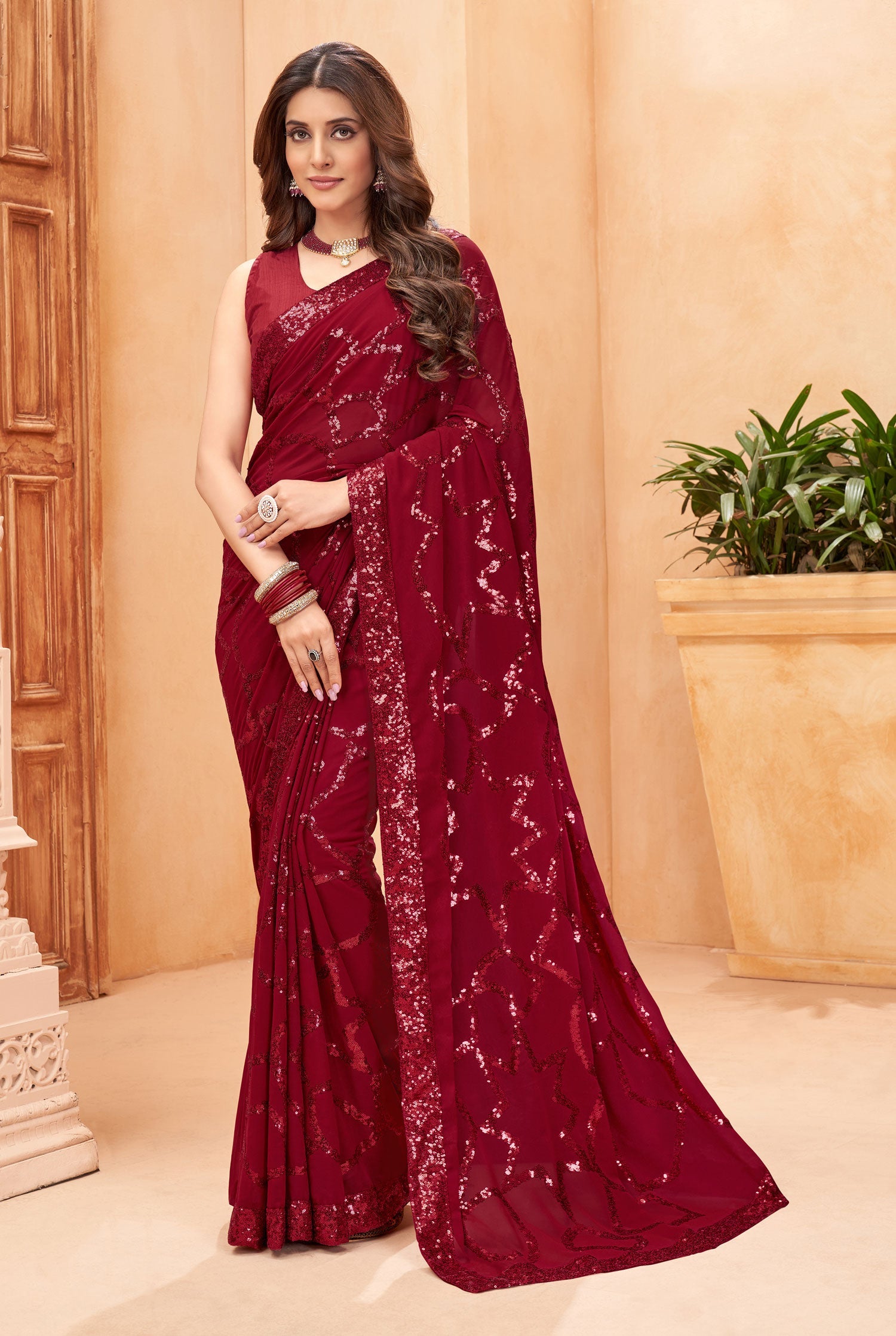 Jyoti Fashion Women's Maroon Faux Blooming Sequins Work Designer Saree with Blouse | Swadesiicart