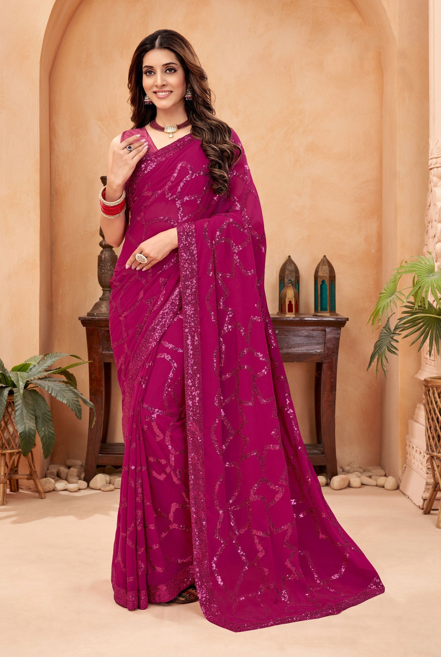 Jyoti Fashion Women's Pink Faux Blooming Sequins Work Designer Saree with Blouse | Swadesiicart