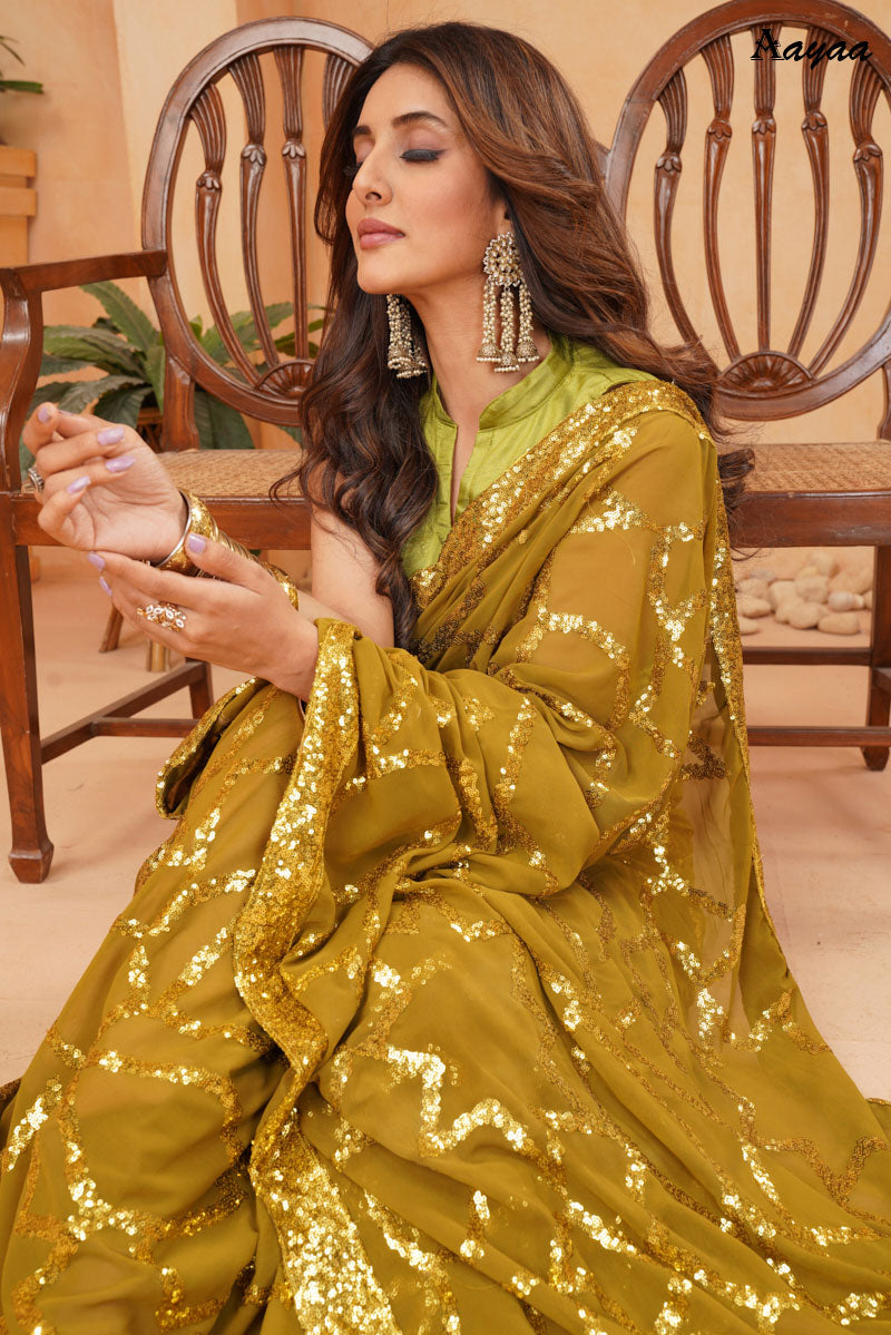 Jyoti Fashion Women's Olive Green Faux Blooming Sequins Work Designer Saree with Blouse | Swadesiicart