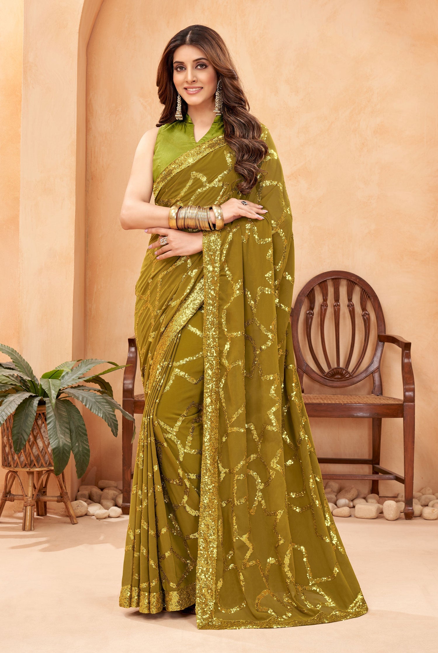 Jyoti Fashion Women's Olive Green Faux Blooming Sequins Work Designer Saree with Blouse | Swadesiicart