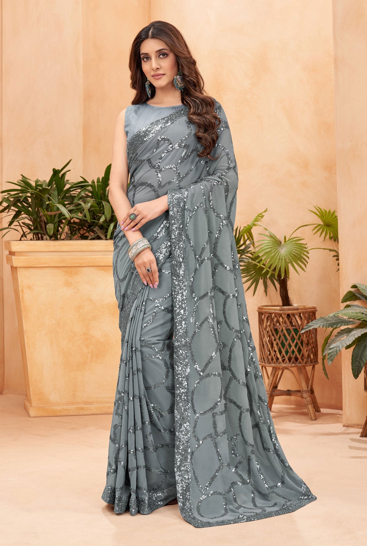 Jyoti Fashion Women's Grey Faux Blooming Sequins Work Designer Saree with Blouse | Swadesiicart