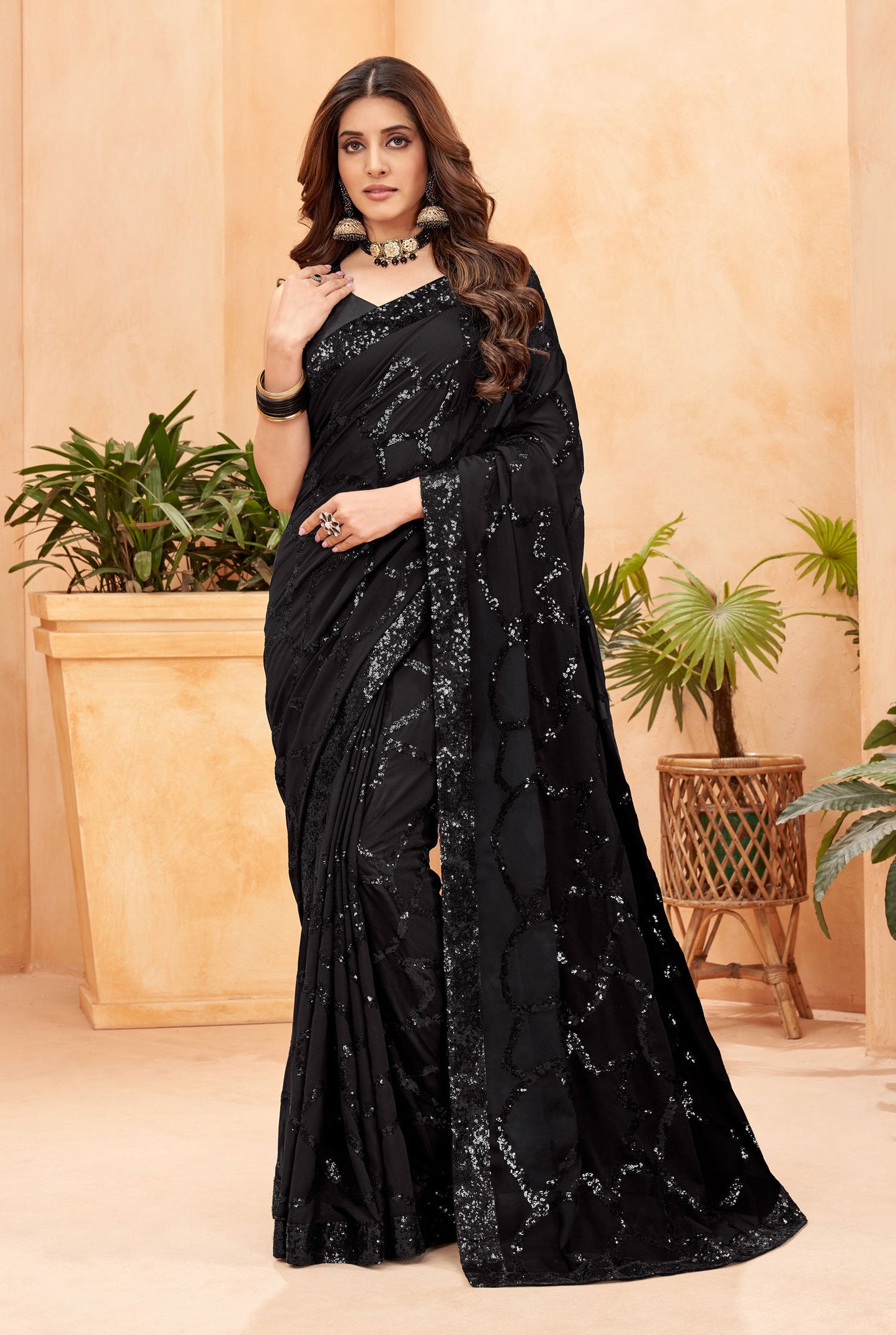 Jyoti Fashion Women's Black Faux Blooming Sequins Work Designer Saree with Blouse | Swadesiicart