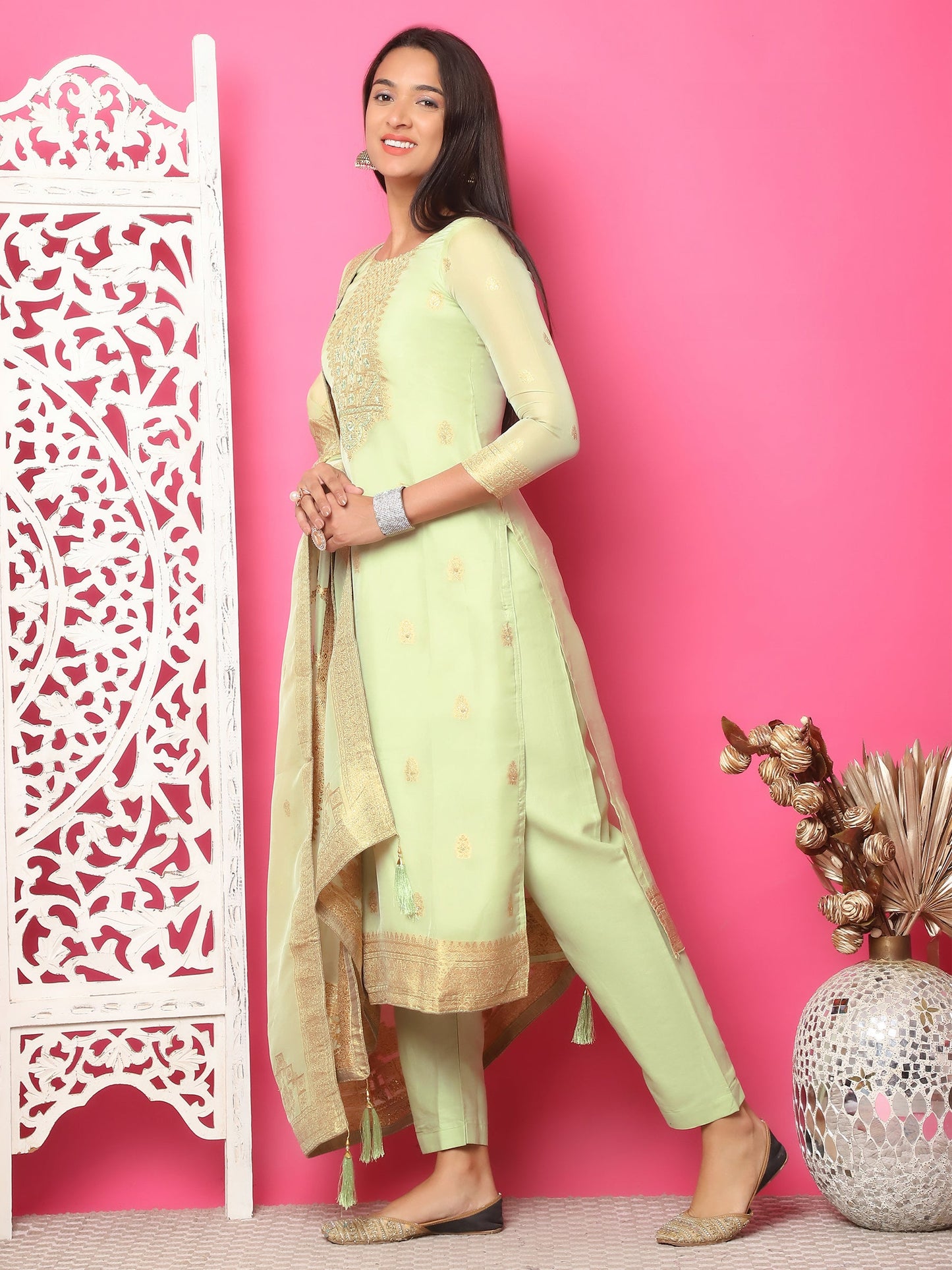 Jyoti Fashion Women's Pista Green Silk Jacquard Woven with Hand Work Salwar Suit Set | Swadesiicart