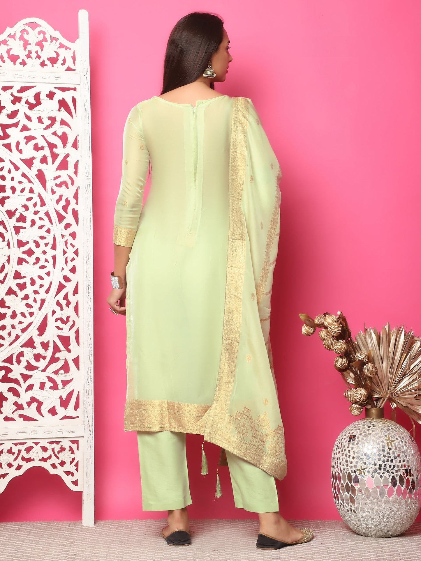Jyoti Fashion Women's Pista Green Silk Jacquard Woven with Hand Work Salwar Suit Set | Swadesiicart