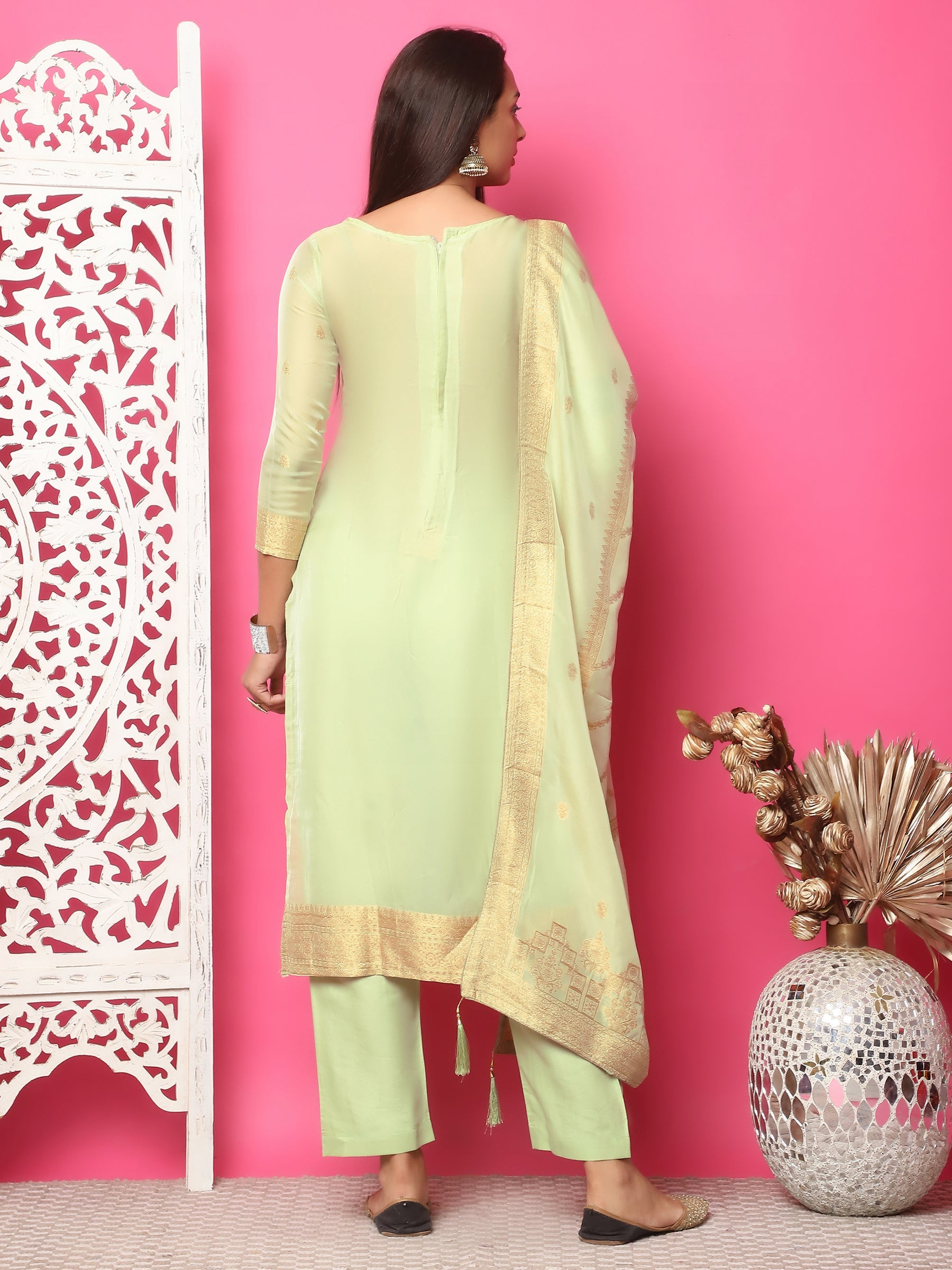 Jyoti Fashion Women's Pista Green Silk Jacquard Woven with Hand Work Salwar Suit Set | Swadesiicart
