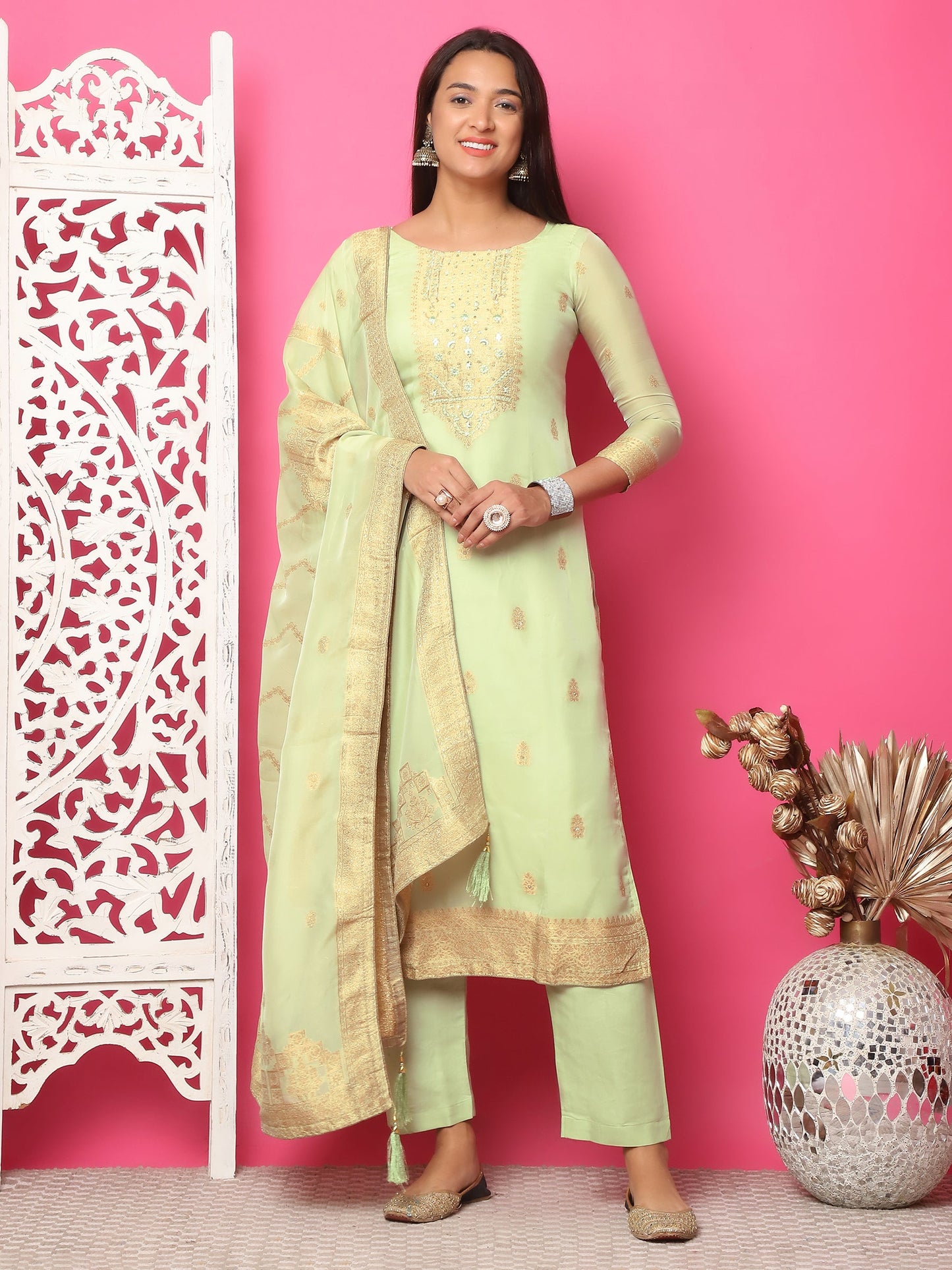 Jyoti Fashion Women's Pista Green Silk Jacquard Woven with Hand Work Salwar Suit Set | Swadesiicart