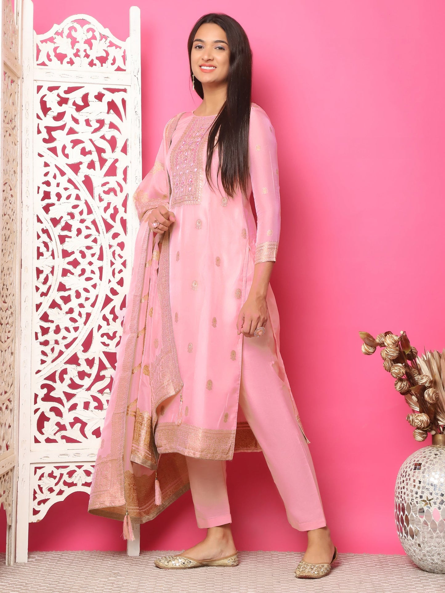 Jyoti Fashion Women's Pink Silk Jacquard Woven with Hand Work Salwar Suit Set | Swadesiicart