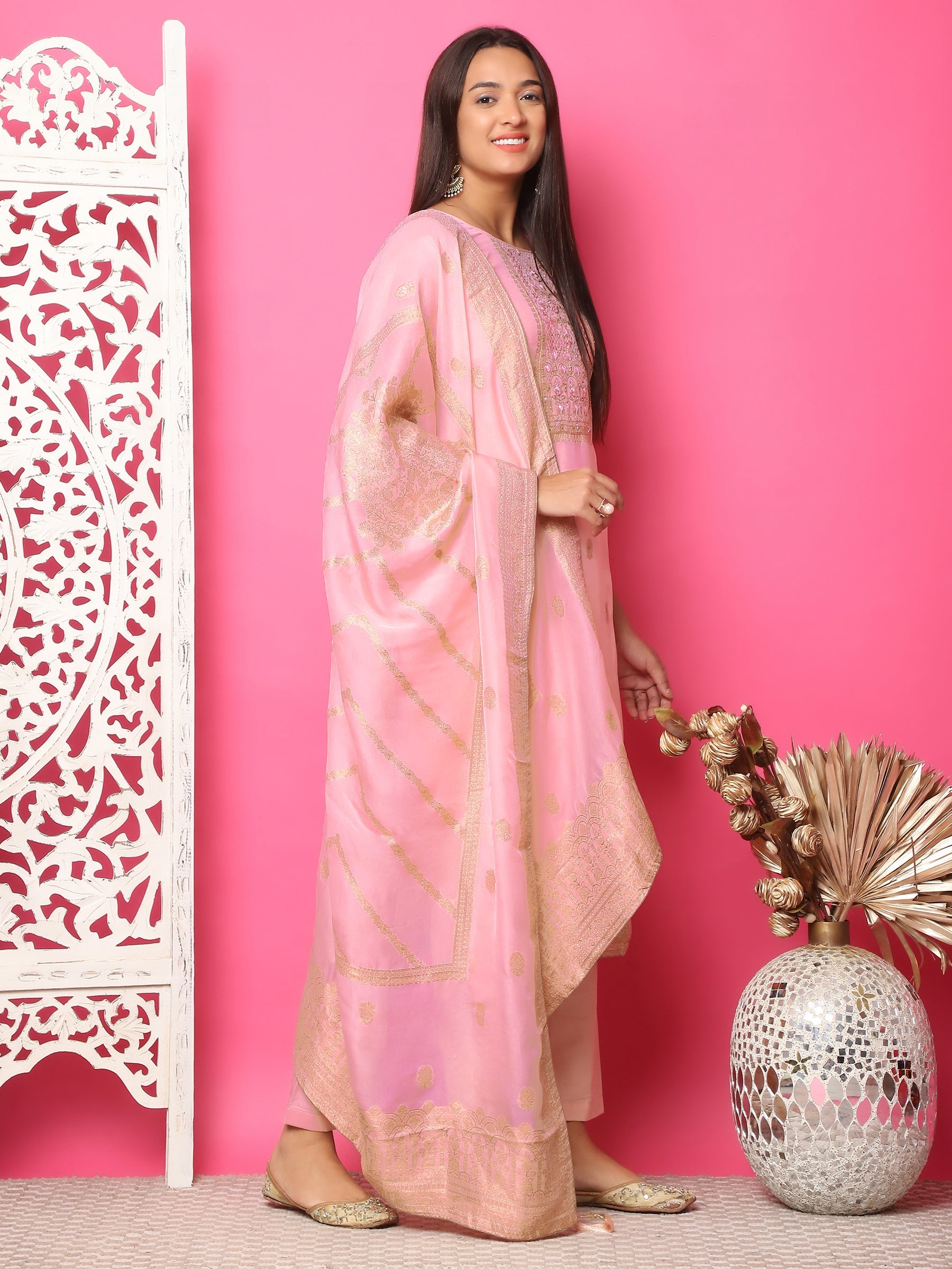 Jyoti Fashion Women's Pink Silk Jacquard Woven with Hand Work Salwar Suit Set | Swadesiicart