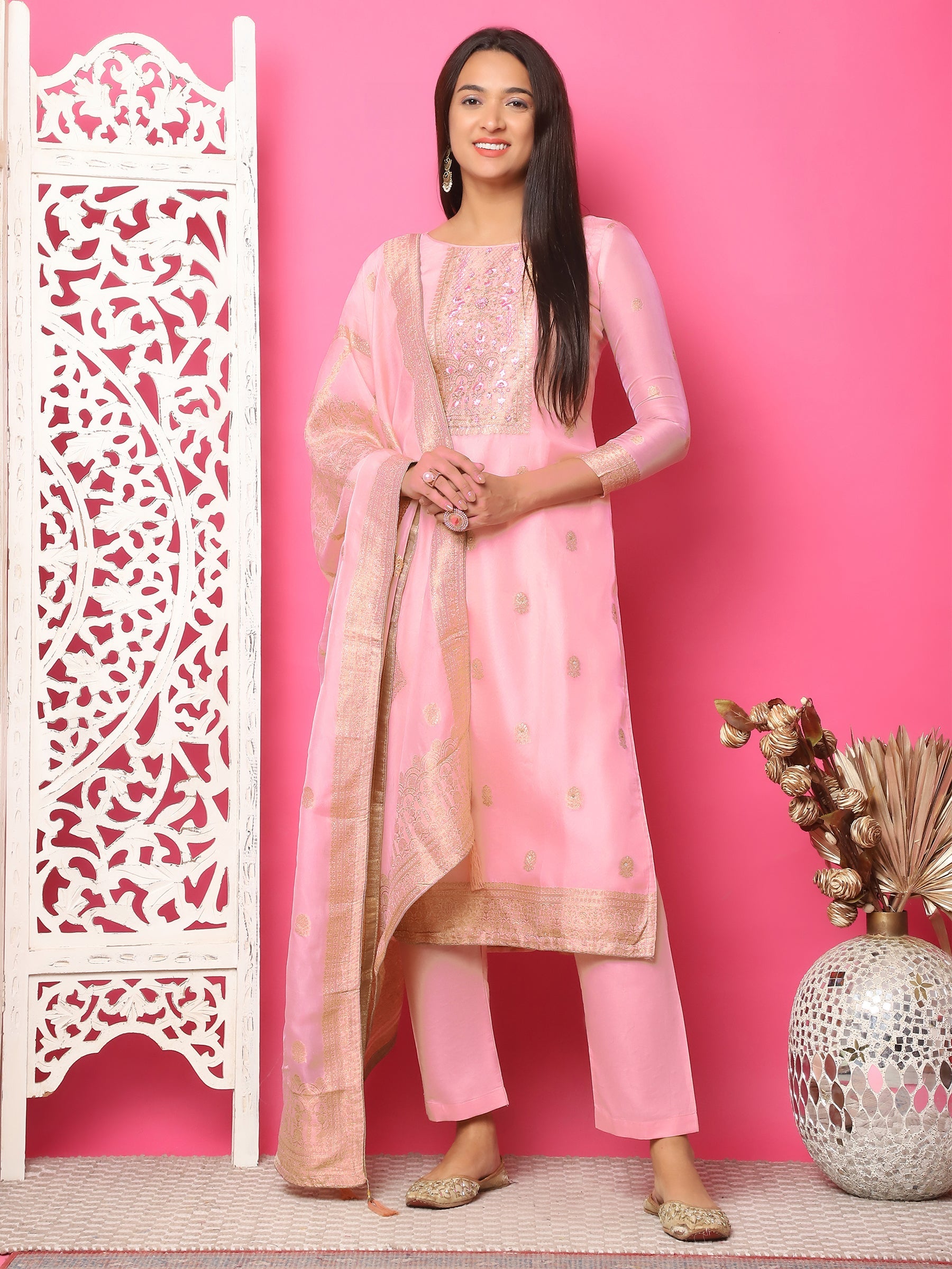 Jyoti Fashion Women's Pink Silk Jacquard Woven with Hand Work Salwar Suit Set | Swadesiicart