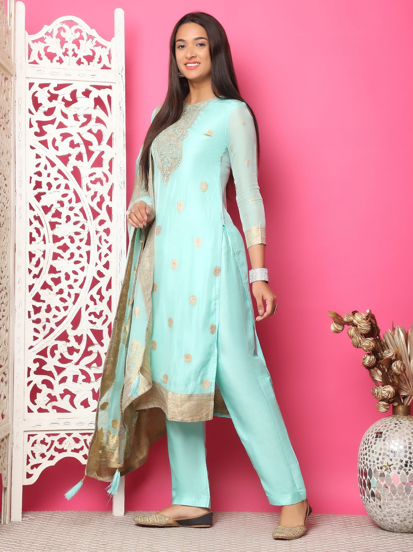 Jyoti Fashion Women's Turquoise Silk Jacquard Woven with Hand Work Salwar Suit Set | Swadesiicart
