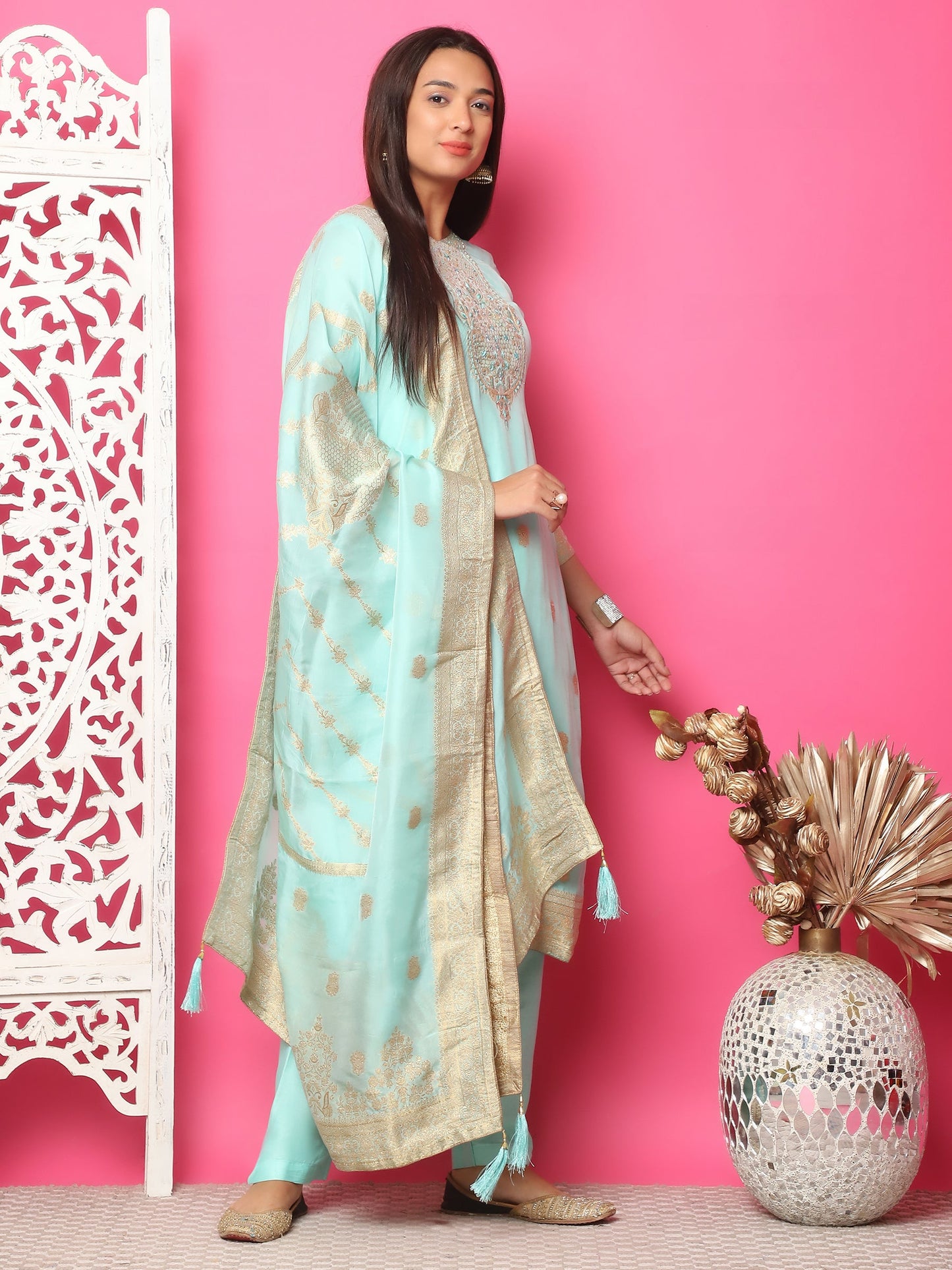 Jyoti Fashion Women's Turquoise Silk Jacquard Woven with Hand Work Salwar Suit Set | Swadesiicart