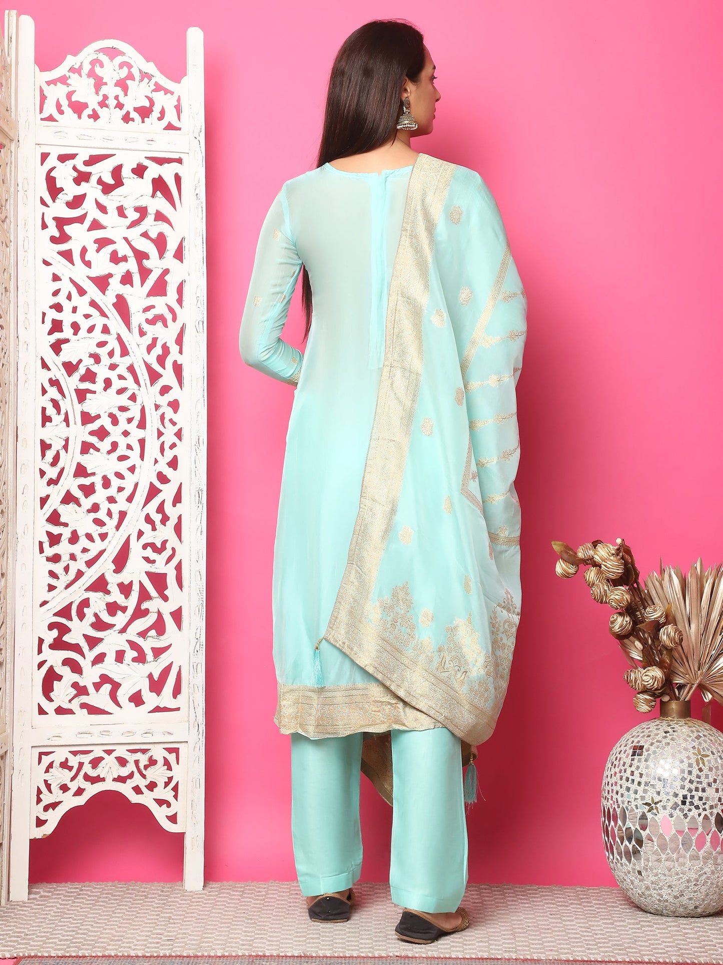 Jyoti Fashion Women's Turquoise Silk Jacquard Woven with Hand Work Salwar Suit Set | Swadesiicart