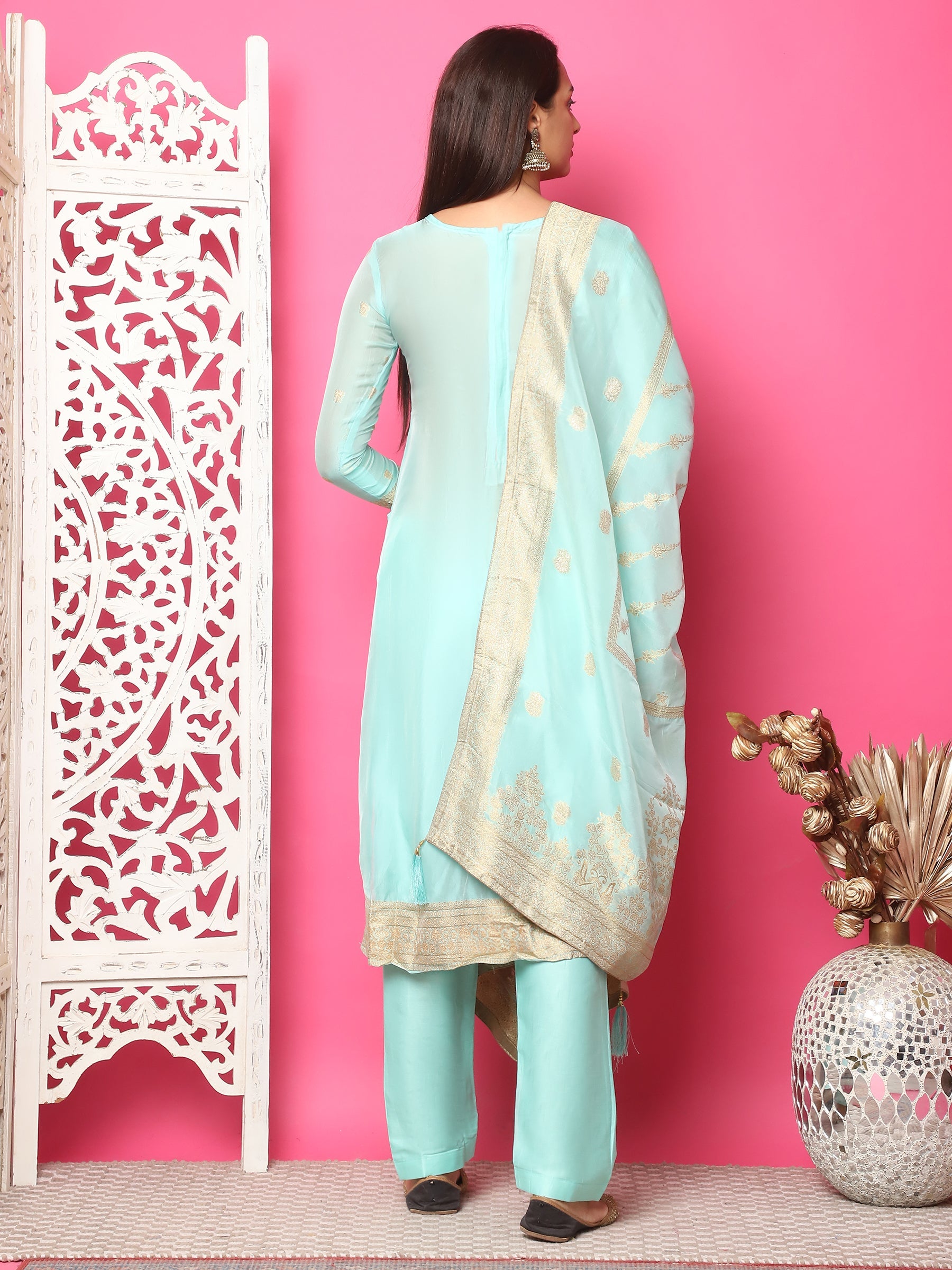 Jyoti Fashion Women's Turquoise Silk Jacquard Woven with Hand Work Salwar Suit Set | Swadesiicart