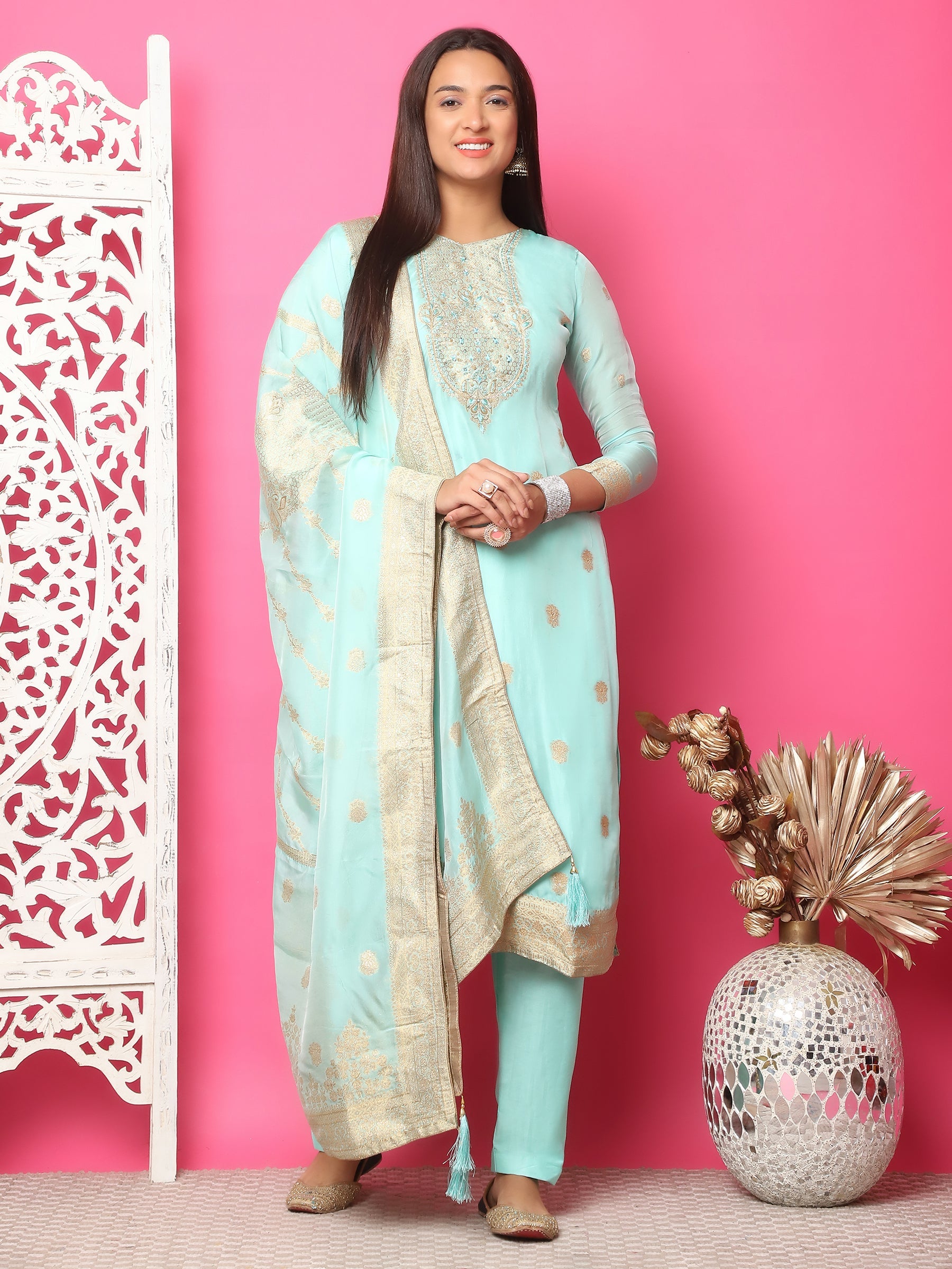 Jyoti Fashion Women's Turquoise Silk Jacquard Woven with Hand Work Salwar Suit Set | Swadesiicart