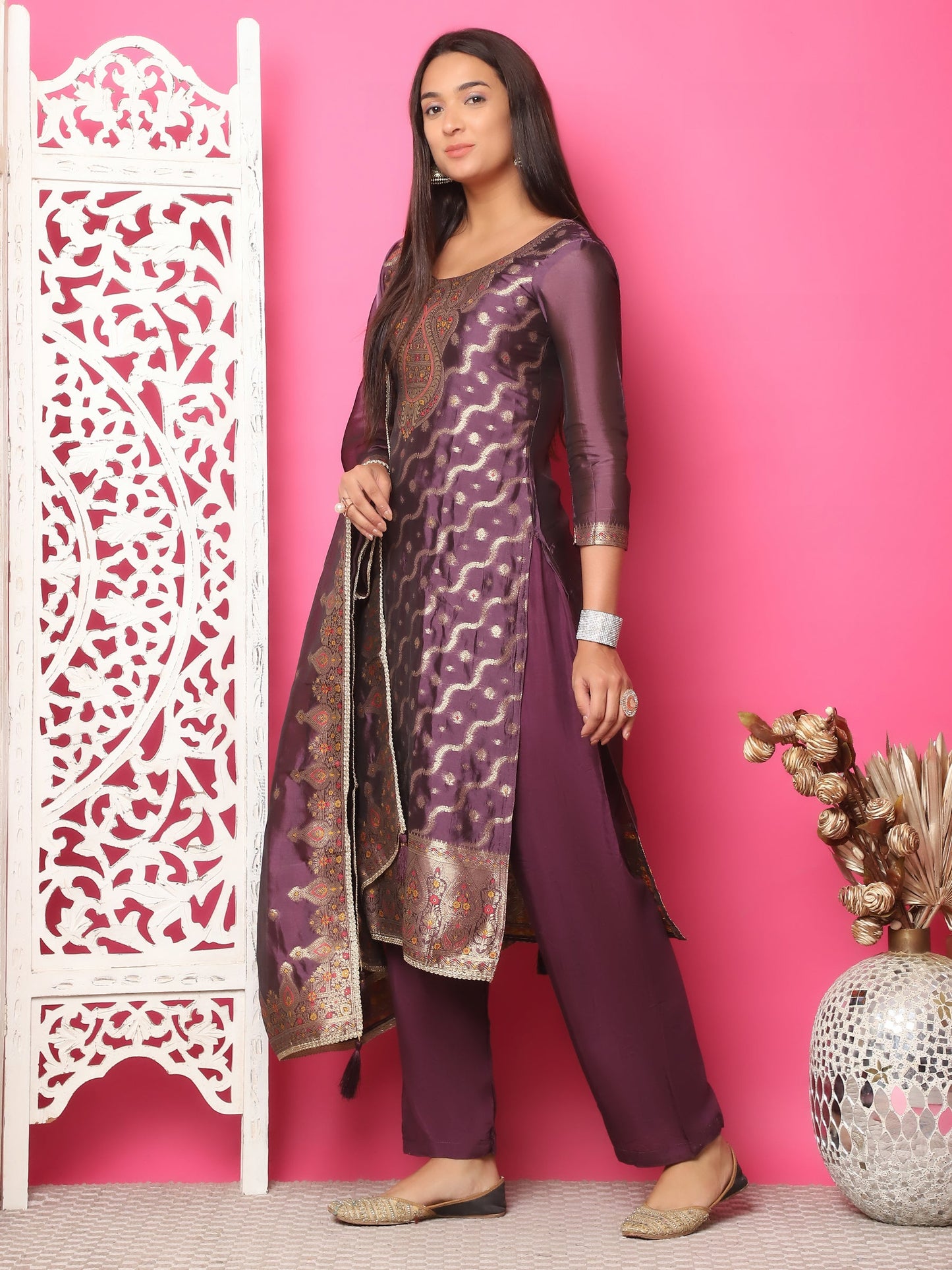 Jyoti Fashion Women's Violet Silk Jacquard Woven with Zari Work Salwar Suit Set | Swadesiicart