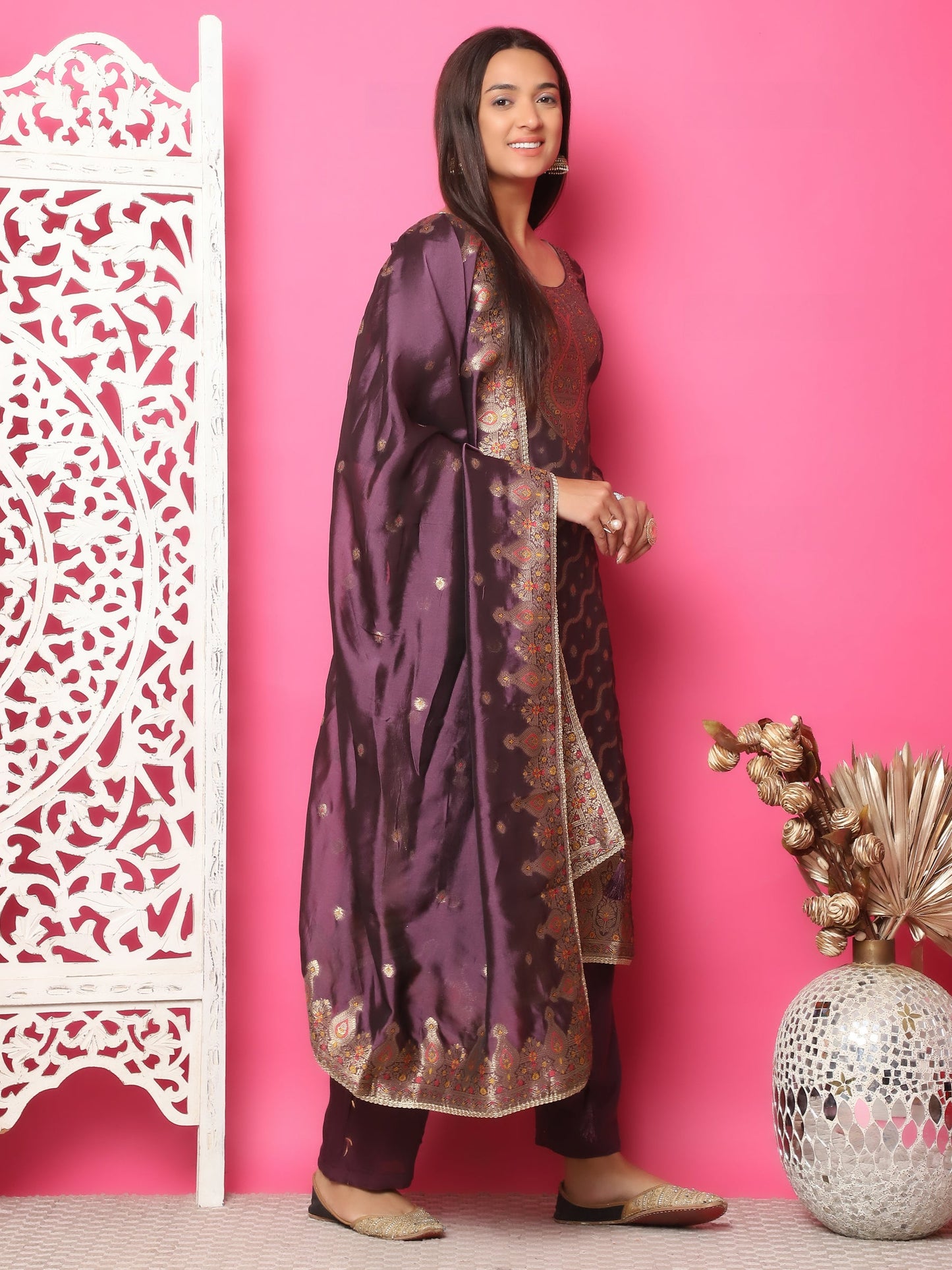 Jyoti Fashion Women's Violet Silk Jacquard Woven with Zari Work Salwar Suit Set | Swadesiicart