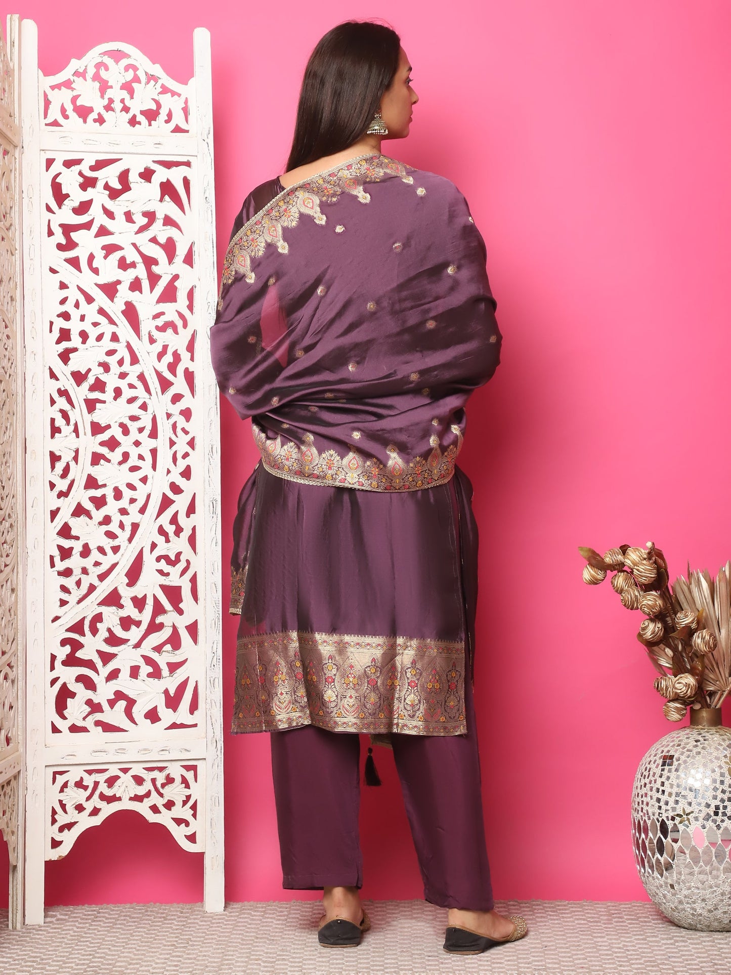 Jyoti Fashion Women's Violet Silk Jacquard Woven with Zari Work Salwar Suit Set | Swadesiicart