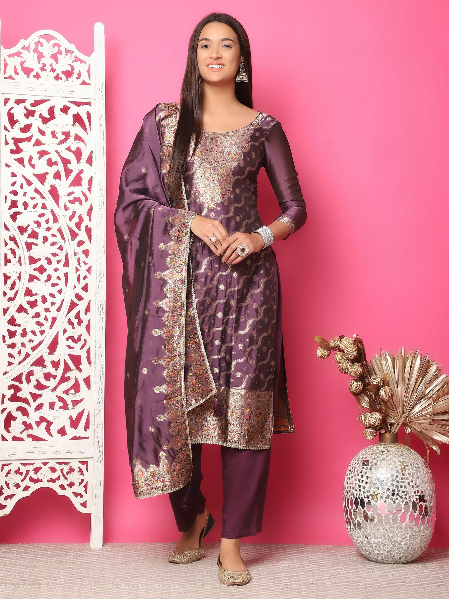 Jyoti Fashion Women's Violet Silk Jacquard Woven with Zari Work Salwar Suit Set | Swadesiicart