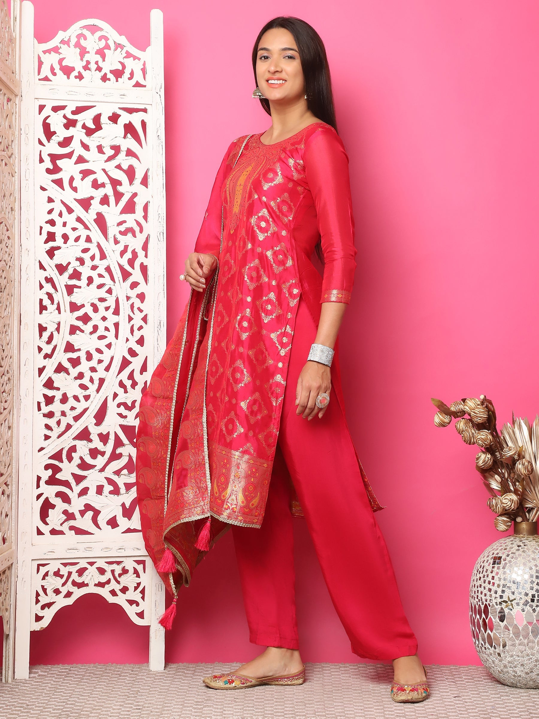 Jyoti Fashion Women's Red Silk Jacquard Woven with Zari Work Salwar Suit Set | Swadesiicart