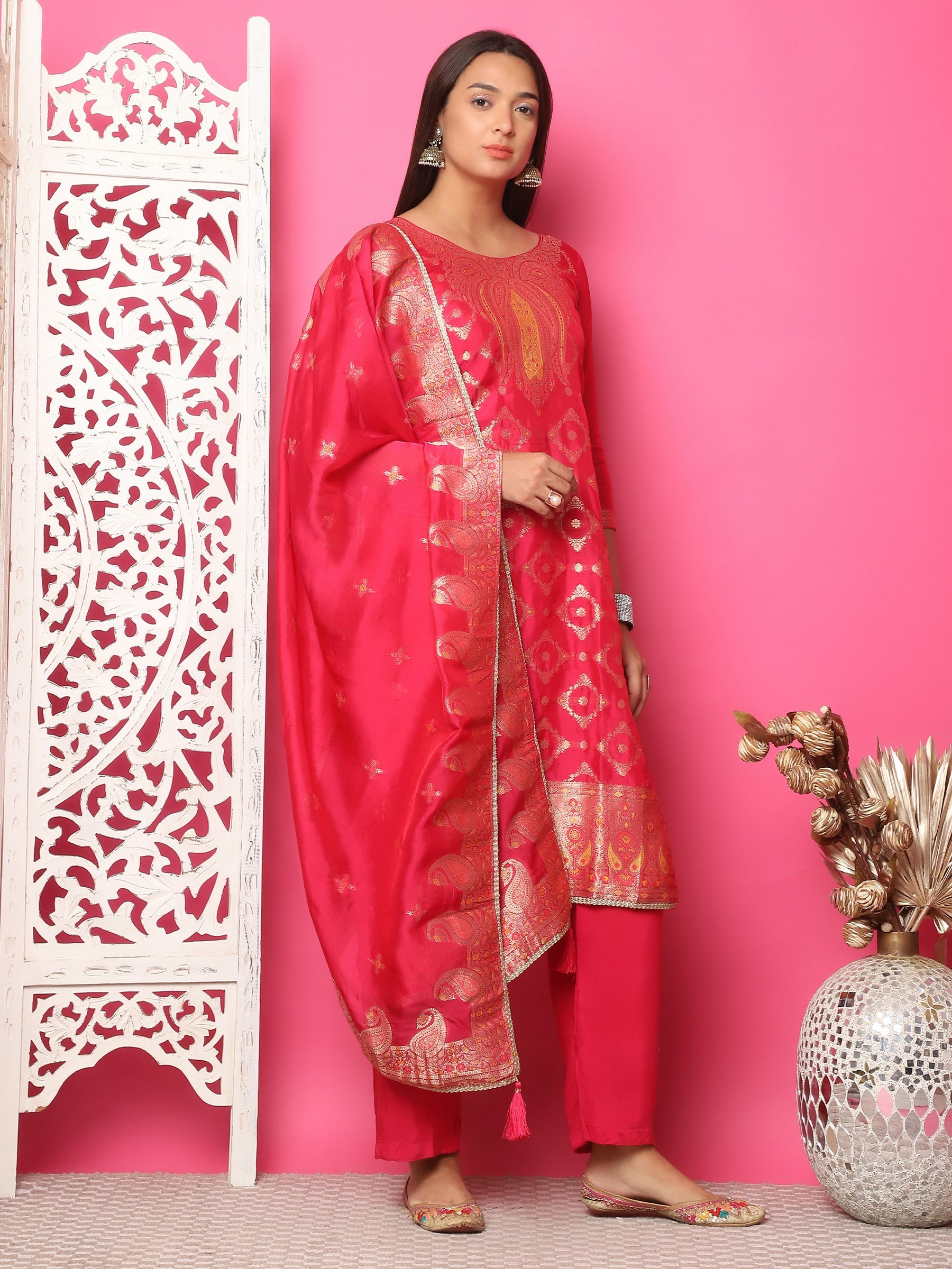 Jyoti Fashion Women's Red Silk Jacquard Woven with Zari Work Salwar Suit Set | Swadesiicart